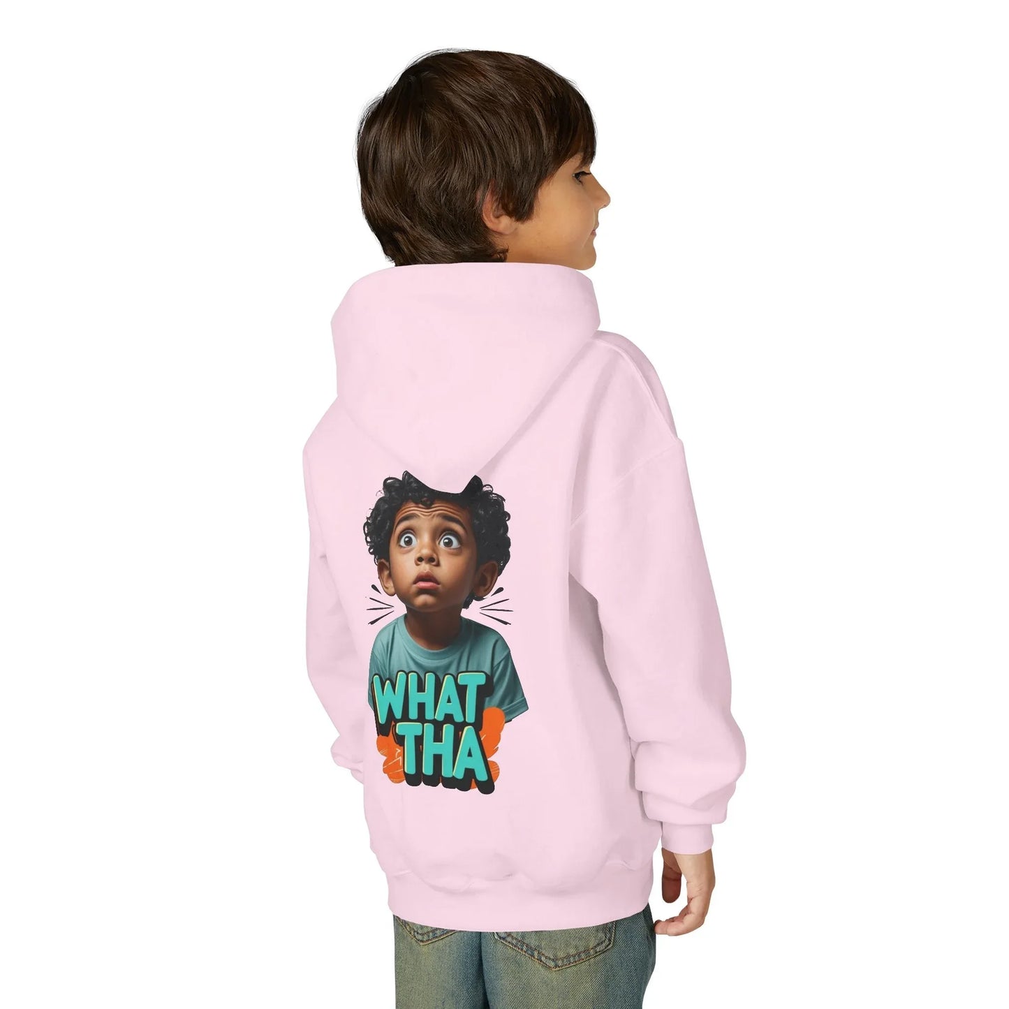Youth Hoodie — Cute Kid Illustration "What Tha" Graphic Sweatshirt Printify