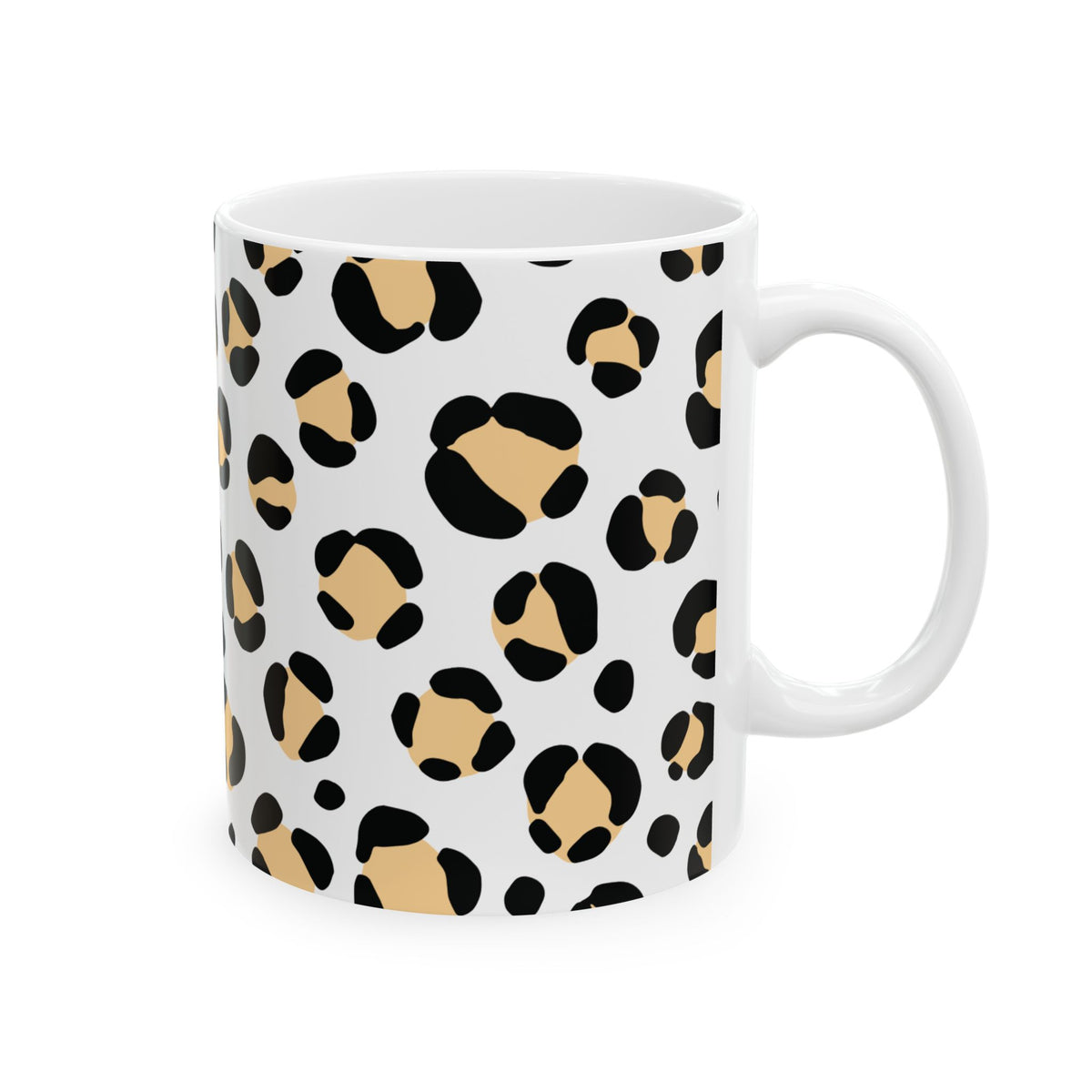 A white ceramic mug with a black and tan leopard print pattern, shown against a plain white background.