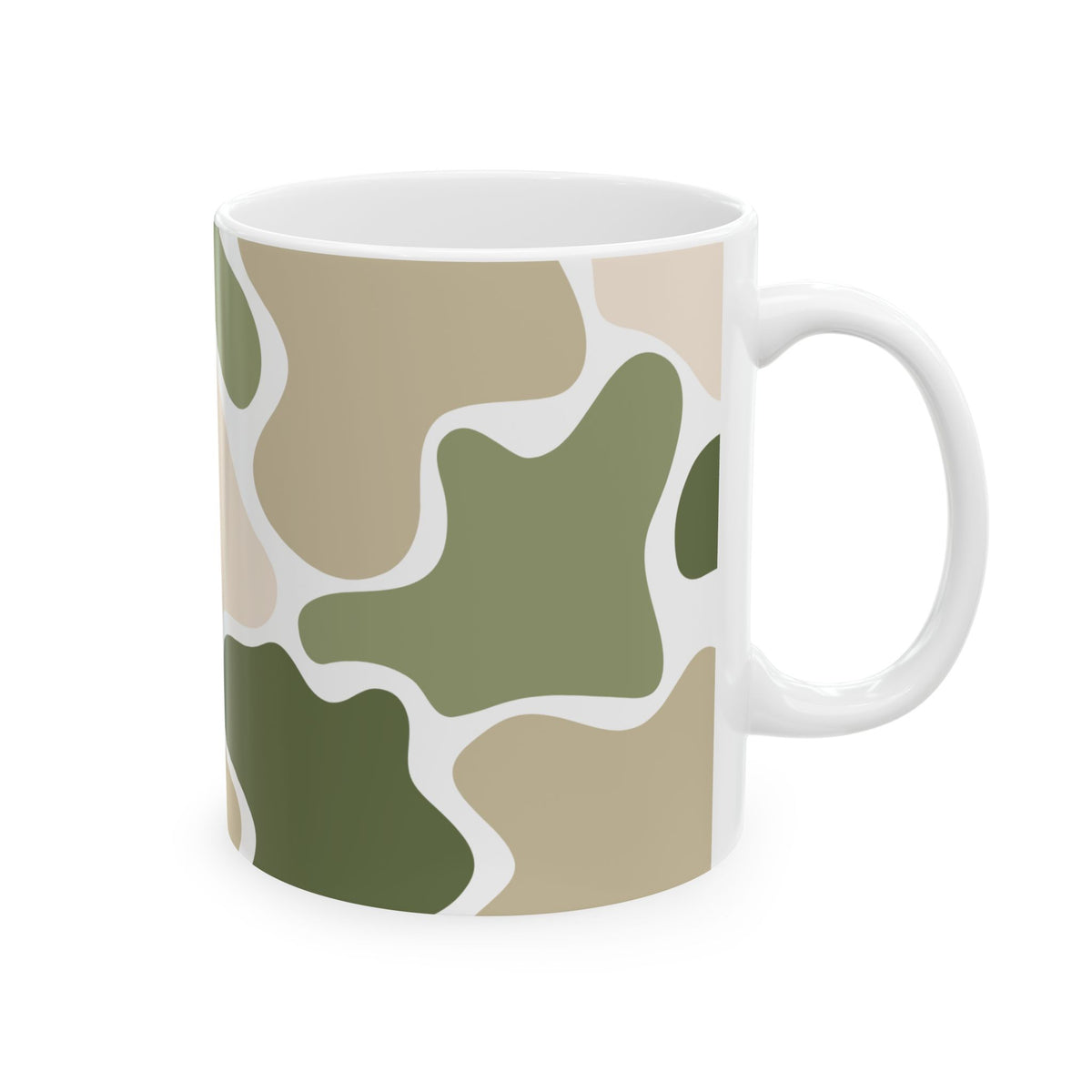 Green and beige camouflage mug with its white handle on the right.