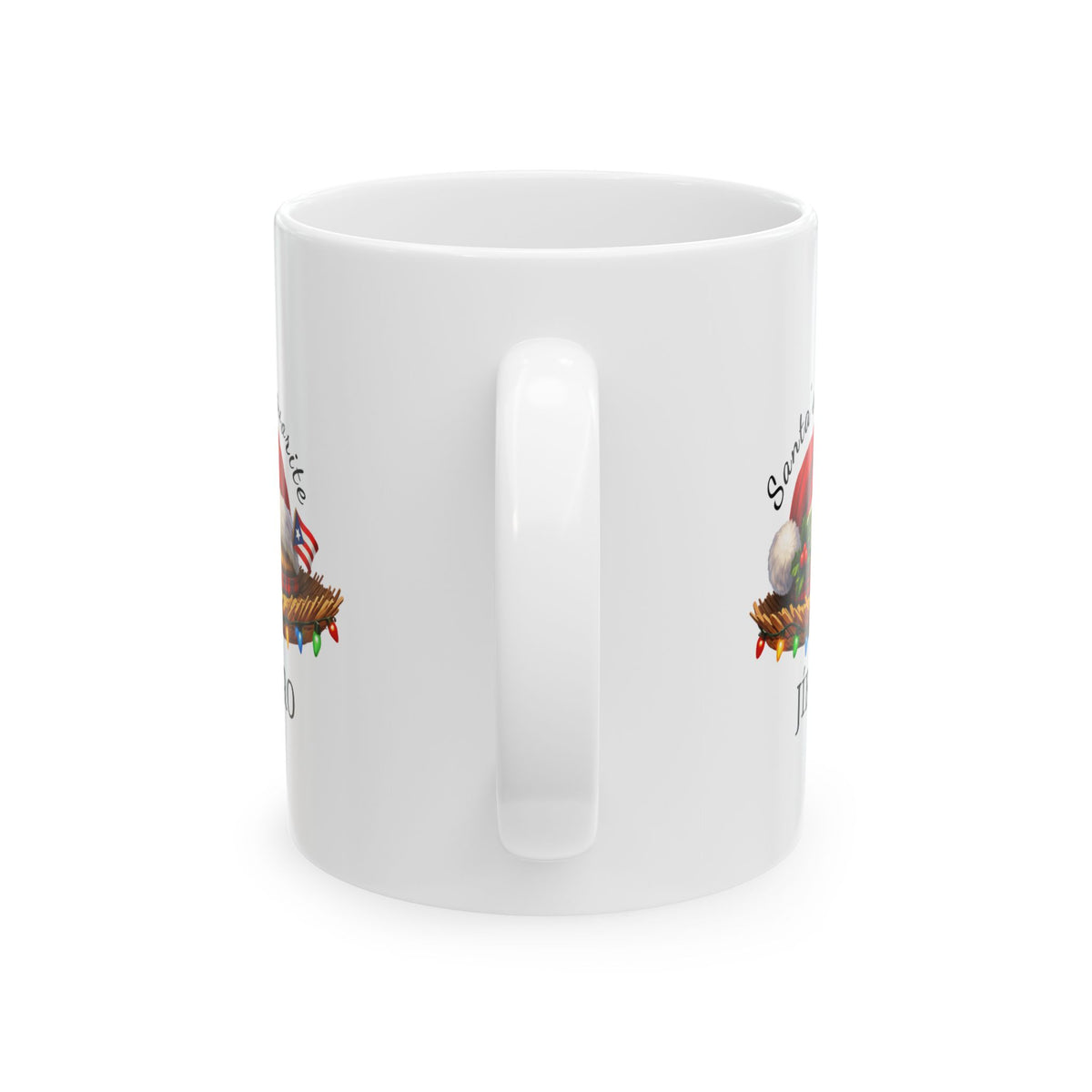 Side view of the white Jíbaro Christmas mug showing the unprinted area between the repeated designs.