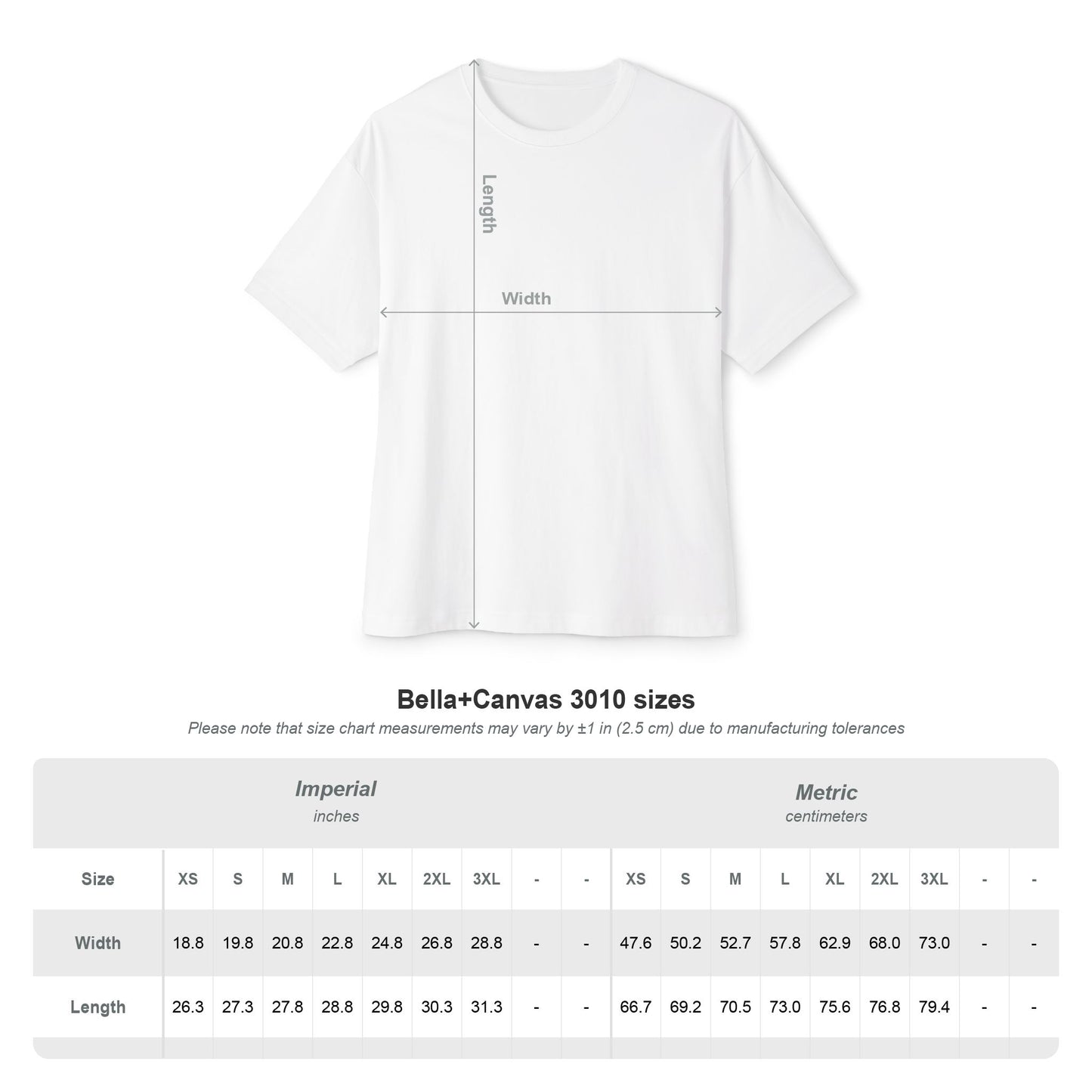Serial Chiller oversized boxy graphic t-shirt size chart — S through 3XL, Bella+Canvas boxy fit by Leela's Ink