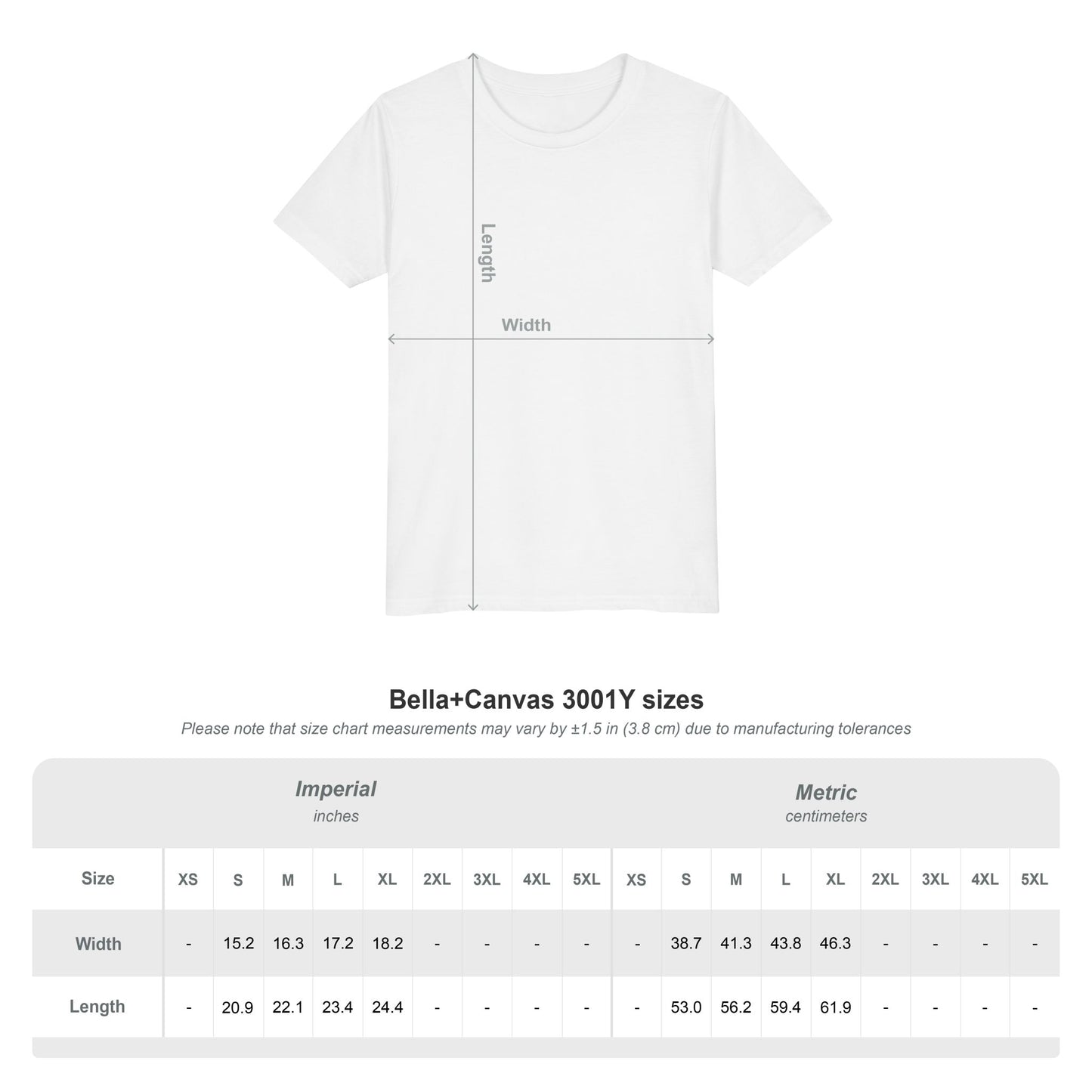 Size chart for Bella+Canvas 3001Y youth tee — sizes S through XL with width and length measurements in inches and centimeters