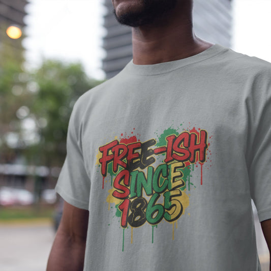 Free-ish Since 1865 Juneteenth Tee in Athletic Heather – close-up lifestyle shot of graffiti Pan-African emancipation graphic