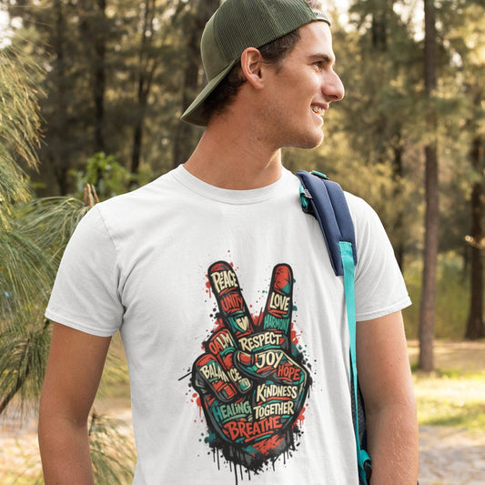 Man outdoors wearing white Adult Peace Sign graphic t-shirt with colorful peace hand graphic