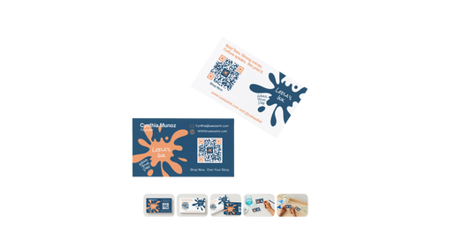 Leela's Ink custom business card design front and back — navy and orange ink splash logo, Cynthia Munoz Founder, Wear Your Vibe tagline with QR code