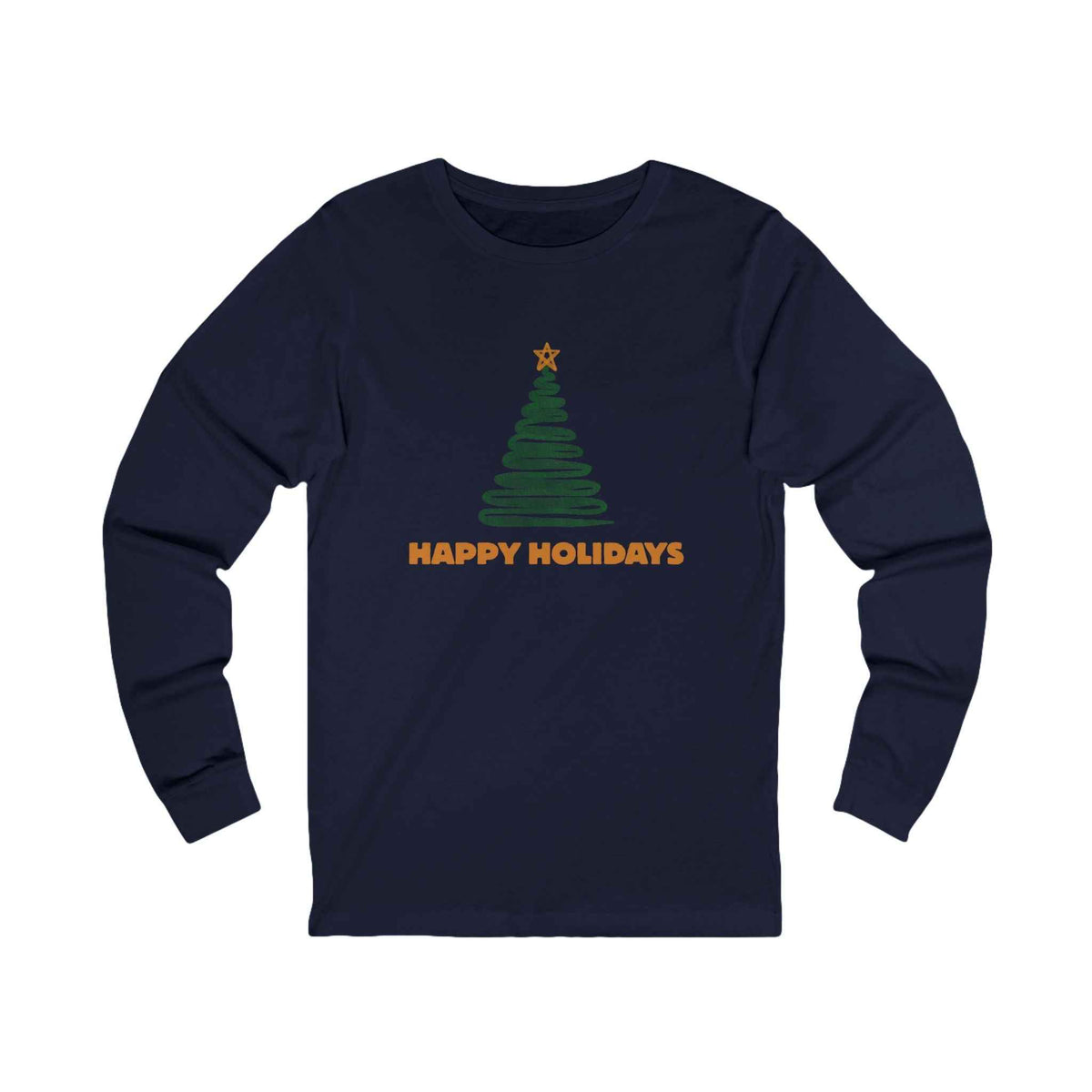 Navy long-sleeve shirt with a minimal Christmas tree and “Happy Holidays” design, front view.