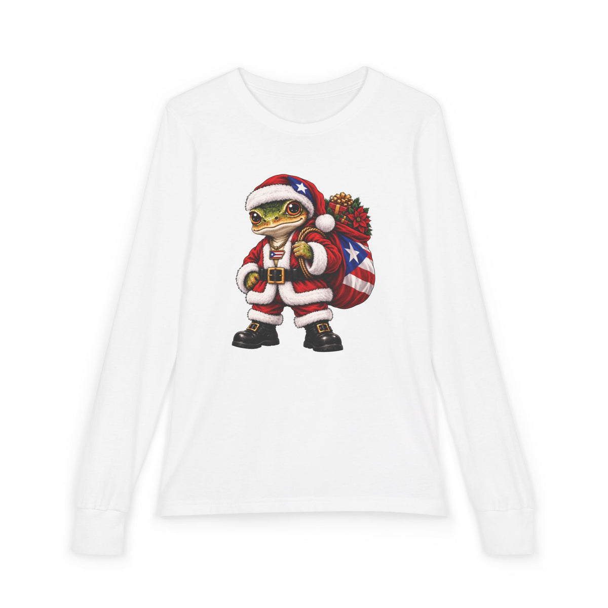 Front view of a white long-sleeve Christmas t-shirt with a Puerto Rican coquí graphic.