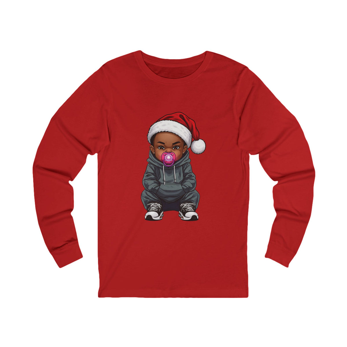 Front view of a red Uzi Baby Christmas long-sleeve t-shirt with the Uzi Baby character in a Santa hat