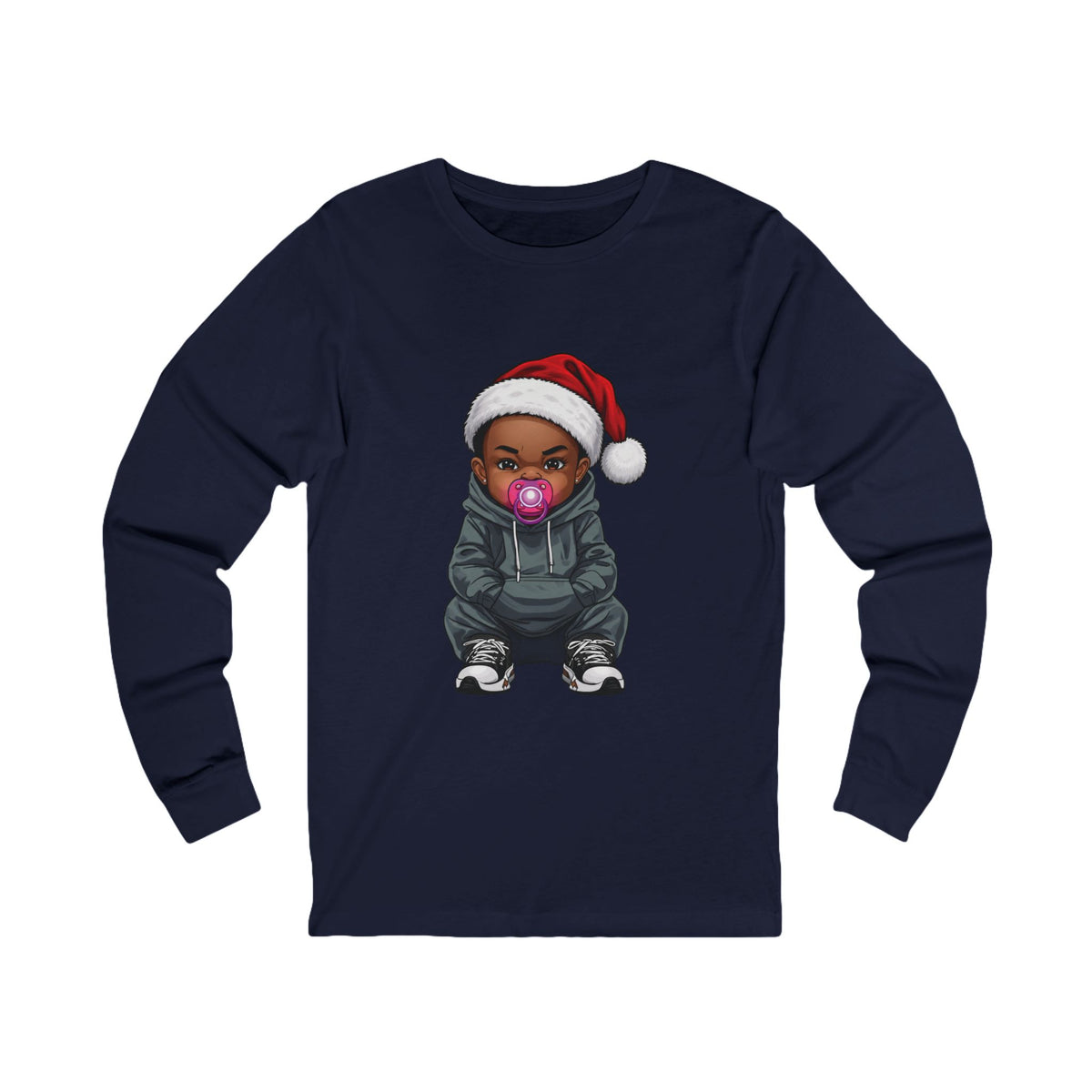 Front view of a navy Uzi Baby Christmas long-sleeve t-shirt with the Uzi Baby character in a Santa hat