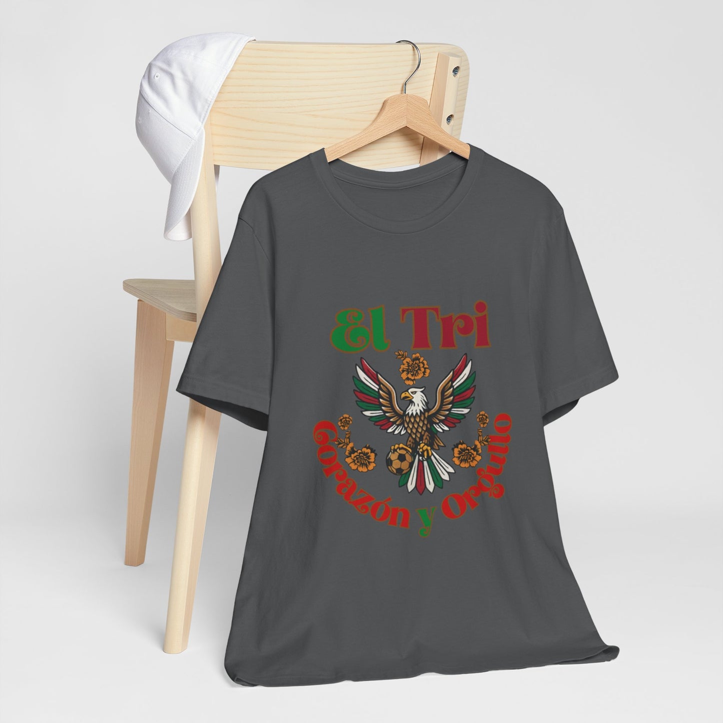 Charcoal El Tri Corazón y Orgullo tee on hanger, front view
