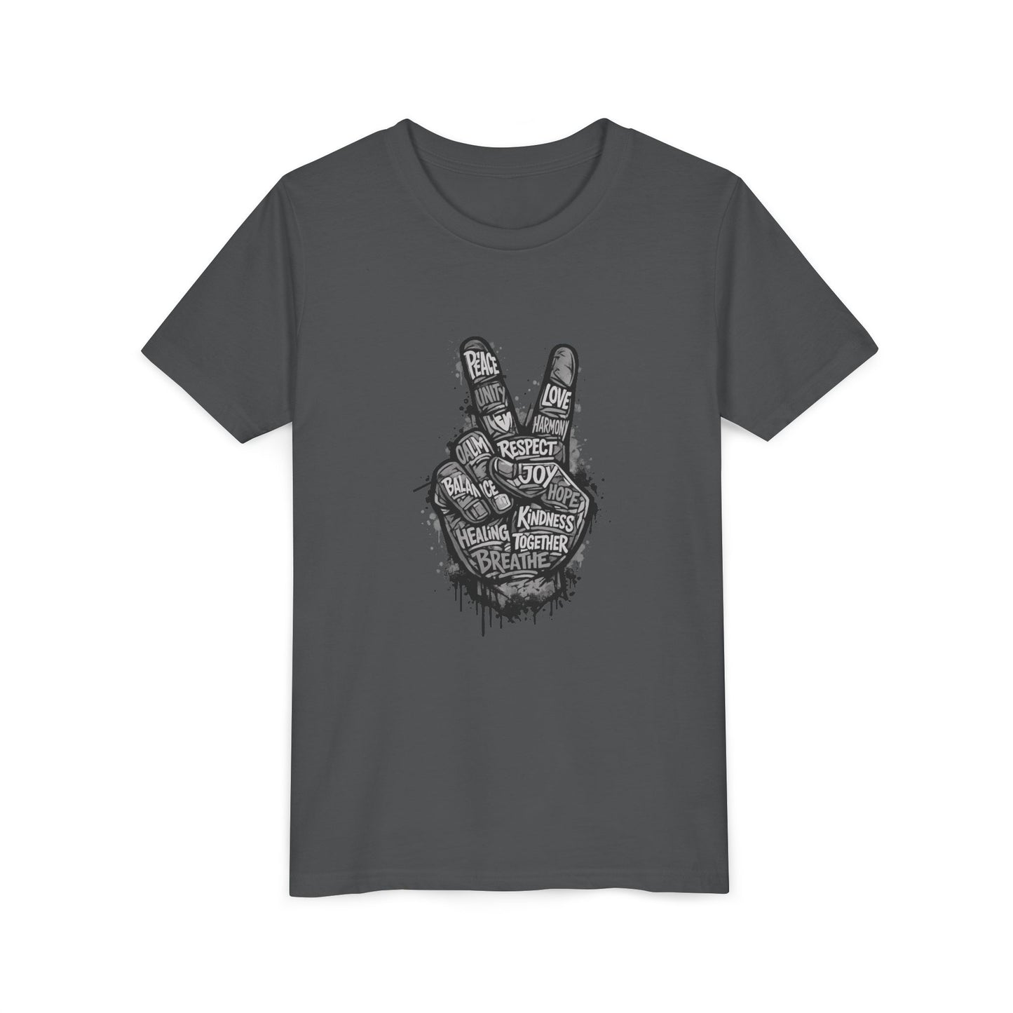 Youth Peace Sign Tee – Handwritten Words of Love & Respect Graphic