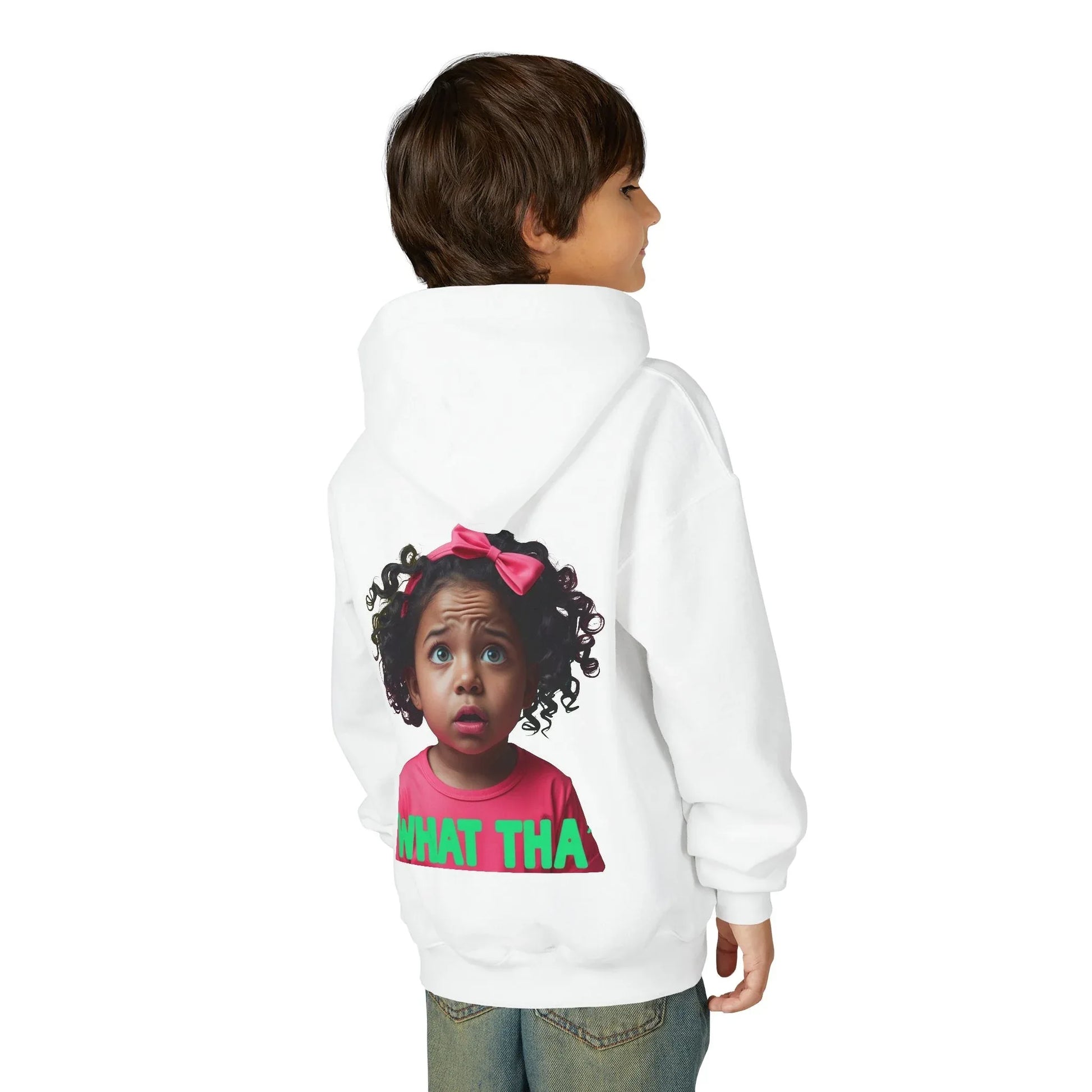 Youth Hoodie — "What Tha" Funny Kid Expression Graphic Pullover Printify
