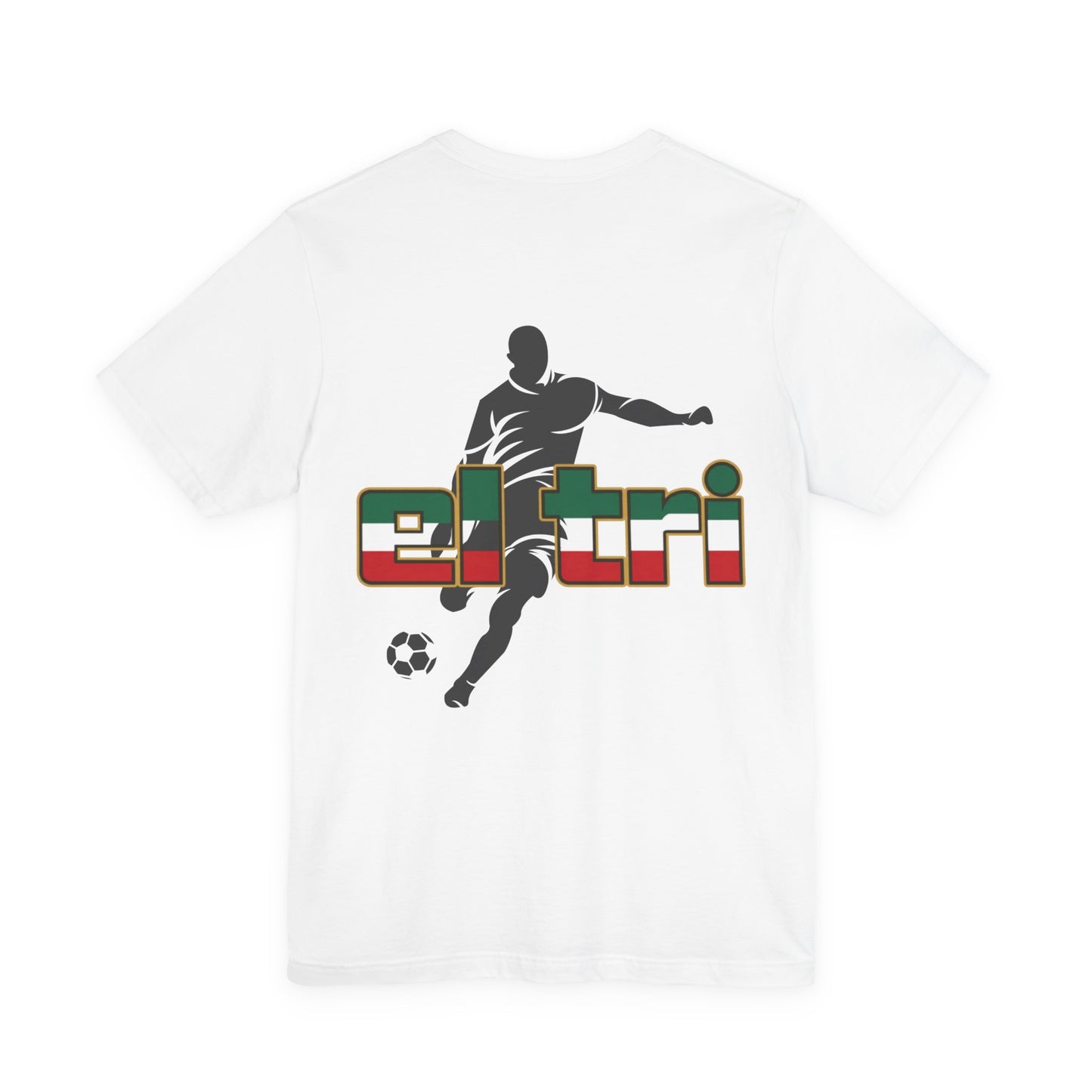 White El Tri soccer tee flat lay, back view showing player silhouette and flag-colored eltri wordmark
