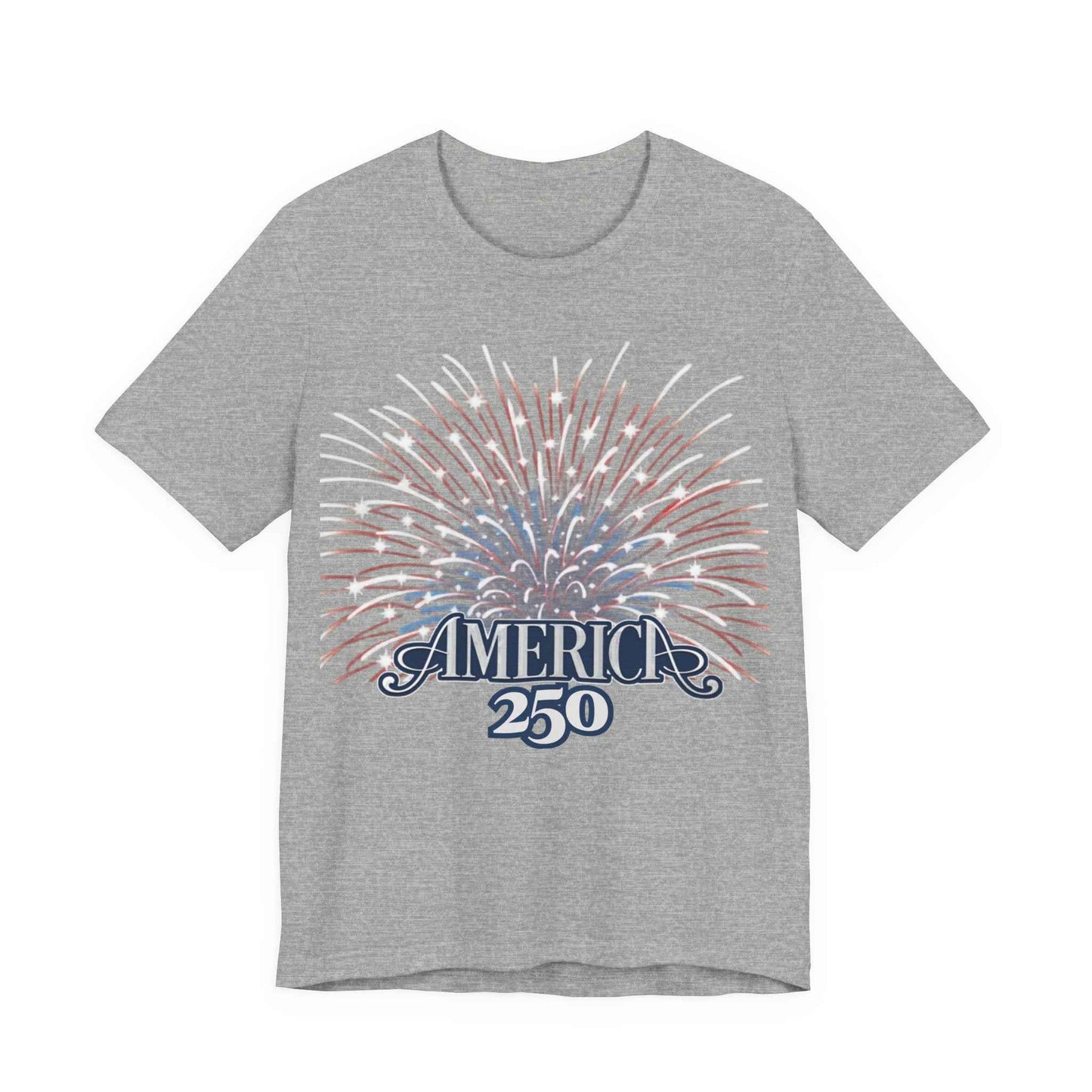 America 250 Fireworks Graphic Tee in Athletic Heather – flat lay product mockup of USA 250th anniversary patriotic tee


