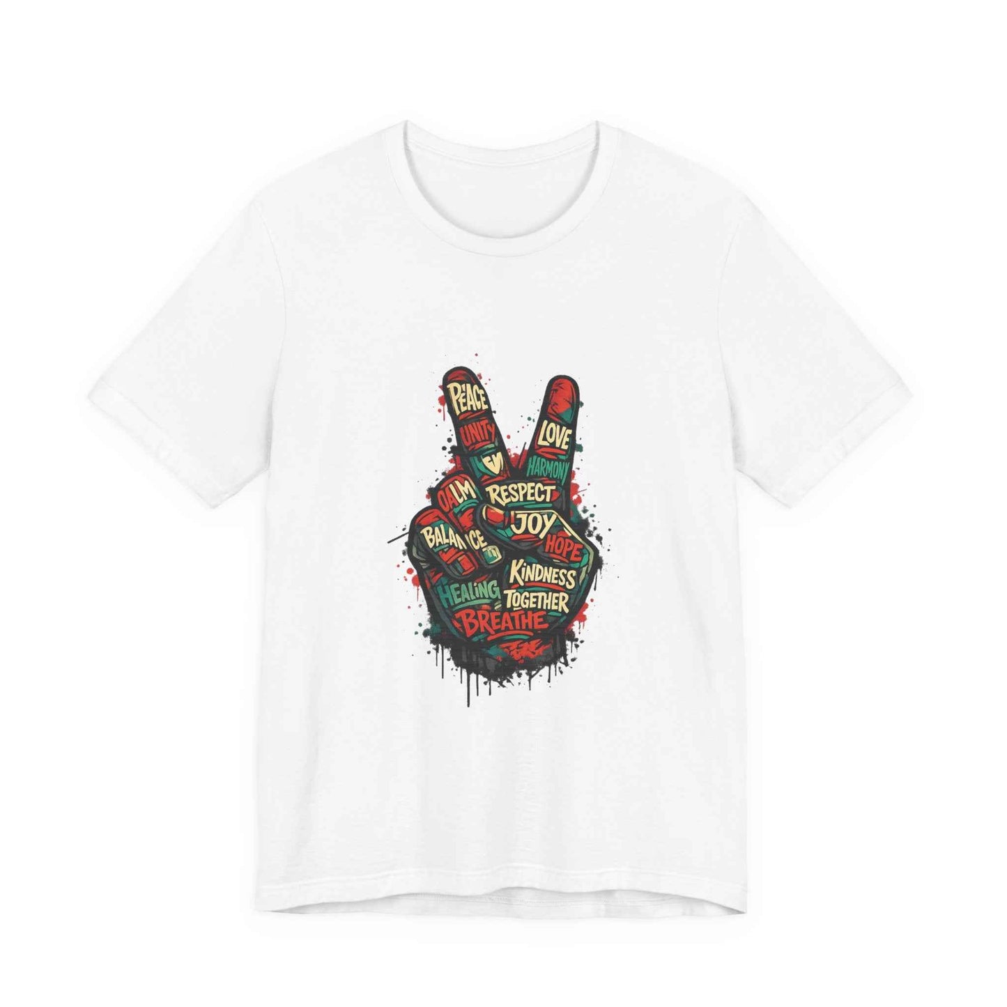 Adult Peace Sign graphic t-shirt flat lay showing bold hand graphic with positive words
