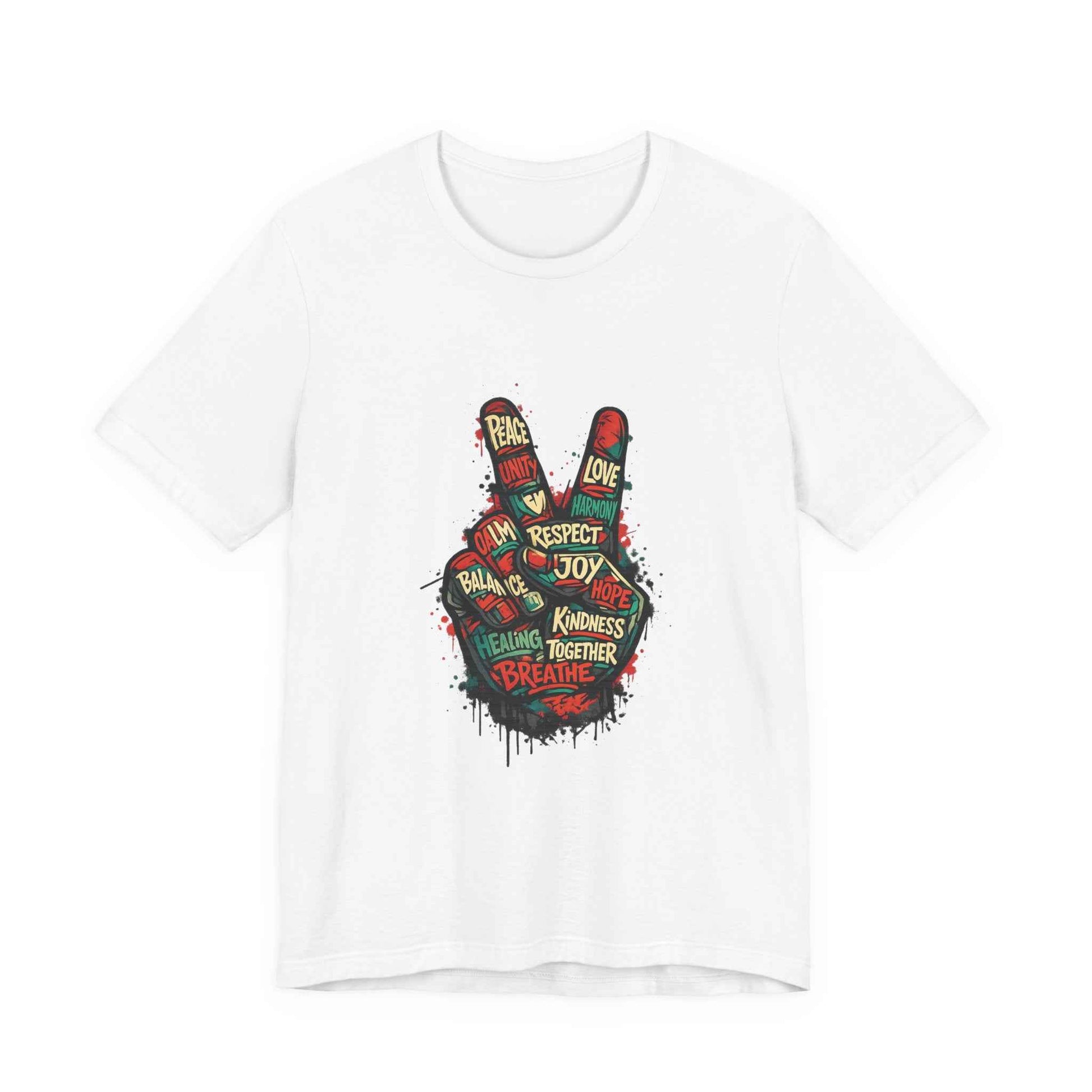 Adult Peace Sign graphic t-shirt flat lay showing bold hand graphic with positive words
