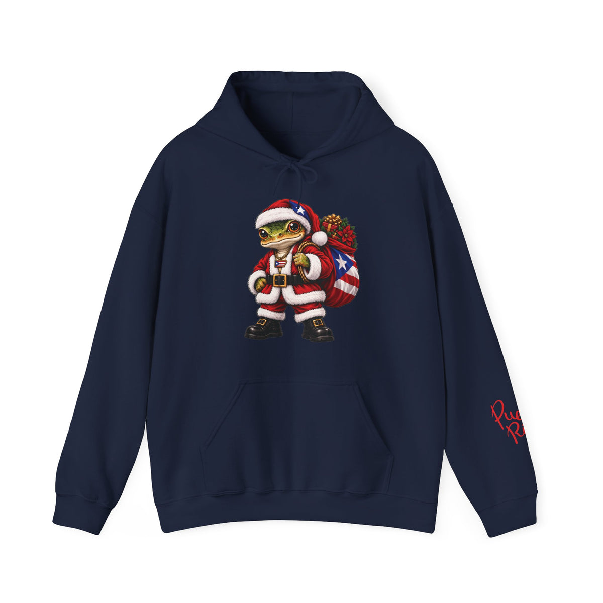 Navy Puerto Rican coquí Santa hoodie shown from the front.