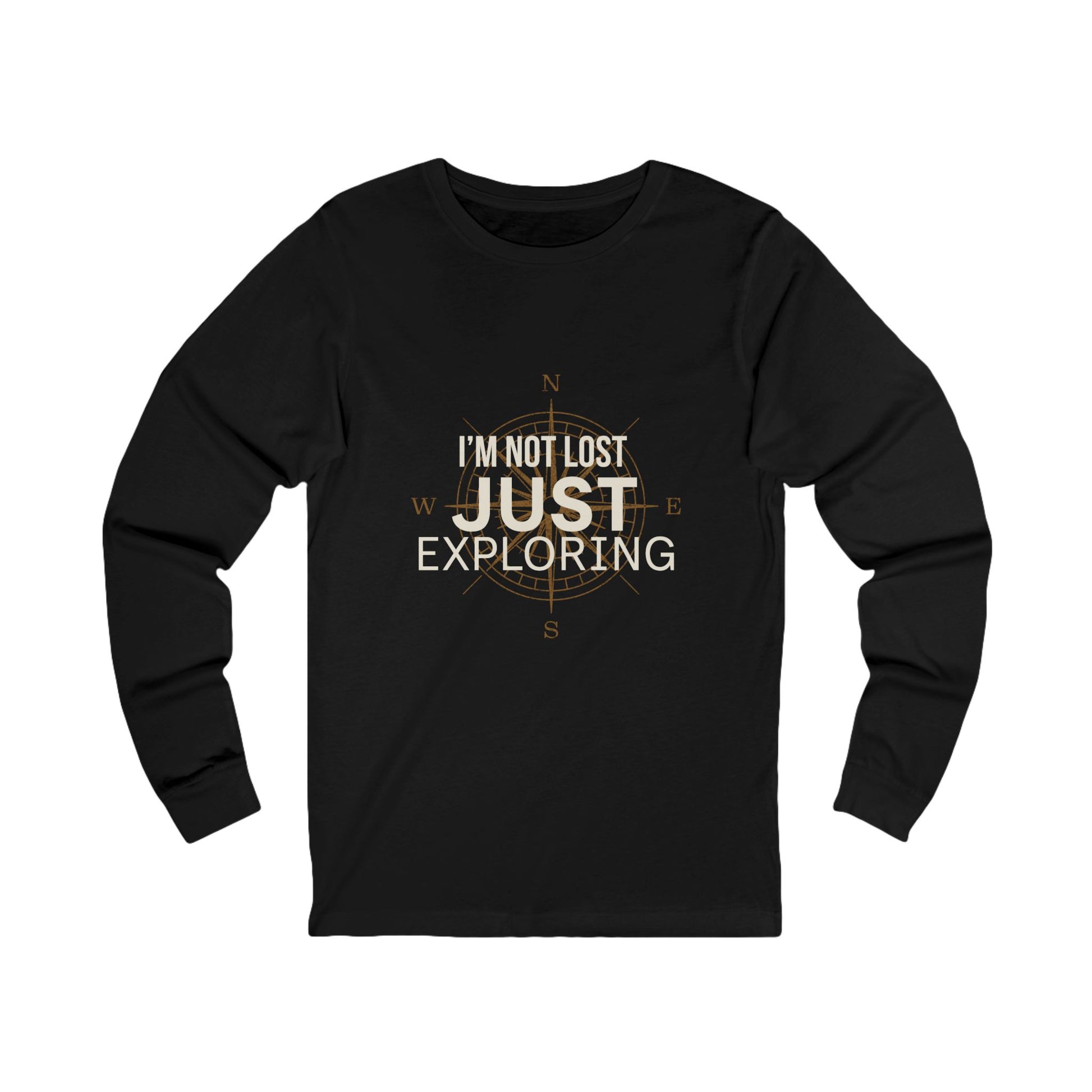 I'm Not Lost Just Exploring black long sleeve tee — front view with vintage compass rose graphic
