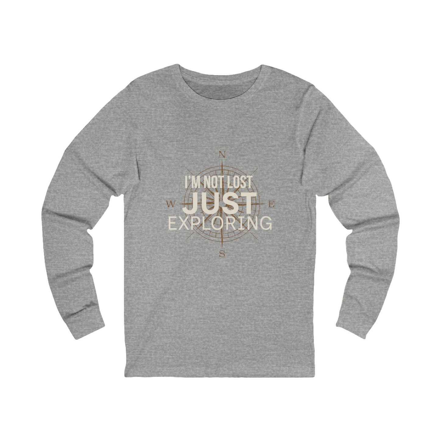I'm Not Lost Just Exploring athletic heather grey long sleeve tee — front view with compass graphic
