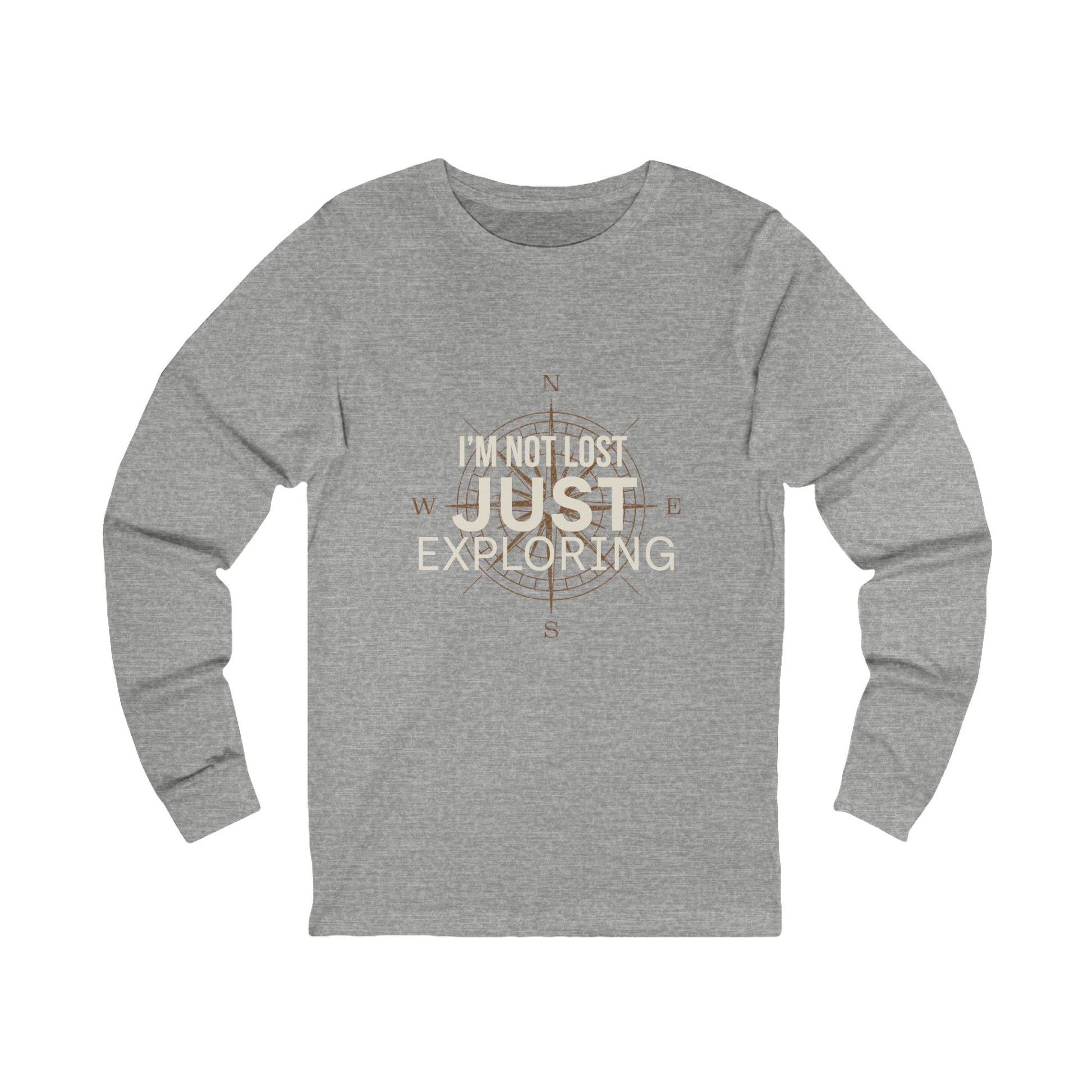 I'm Not Lost Just Exploring athletic heather grey long sleeve tee — front view with compass graphic
