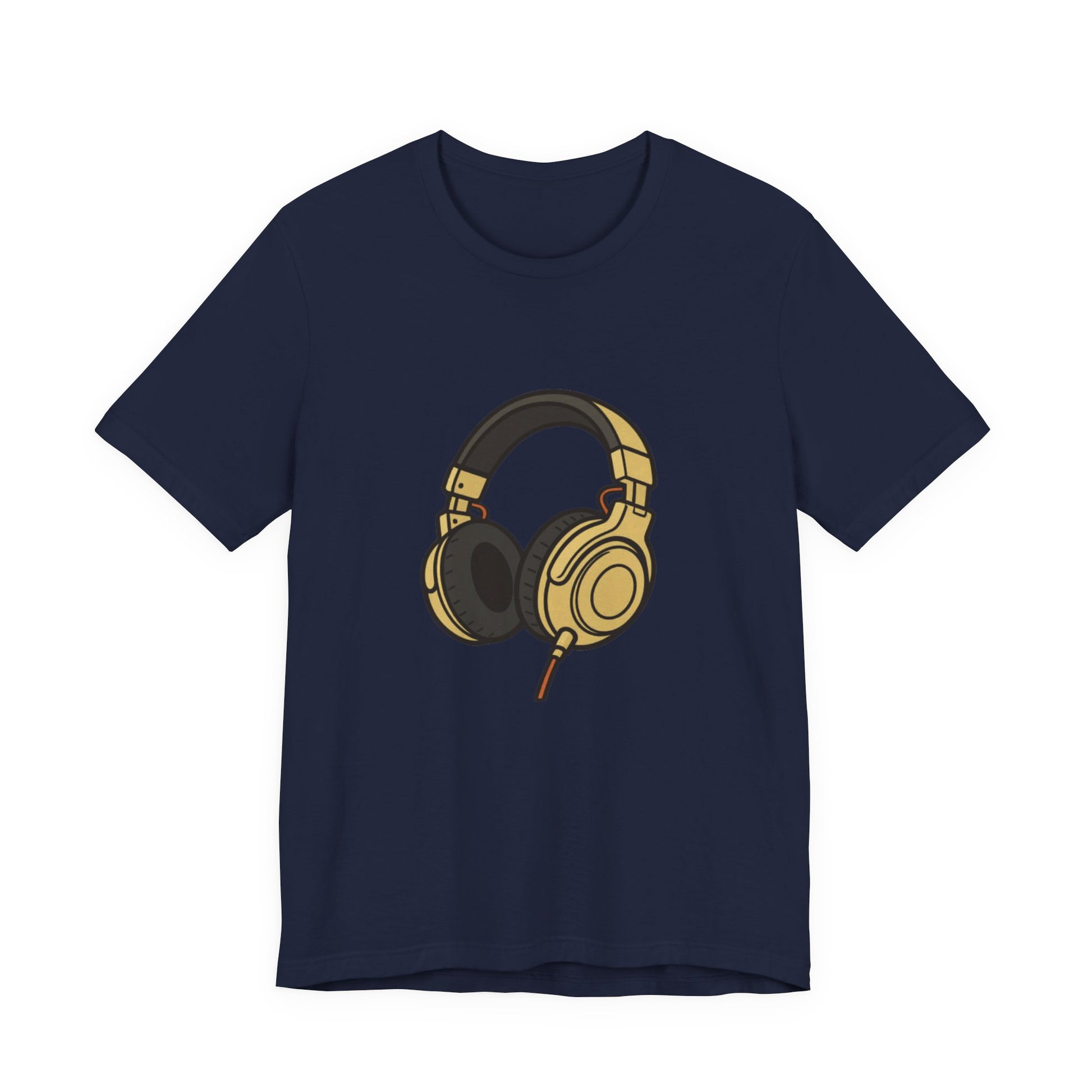 Adult Unisex Headphones Graphic T-Shirt flat lay in Navy