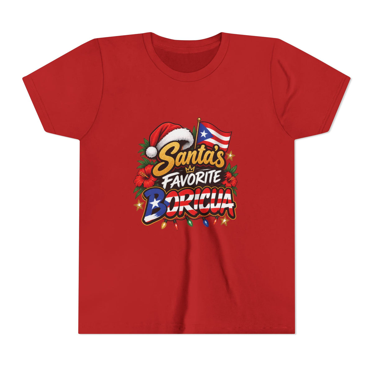 A red short-sleeve crewneck t-shirt featuring a colorful graphic on the chest that reads 'Santa's Favorite Boricua with a Santa hat, Puerto Rican flag, and festive decorations.