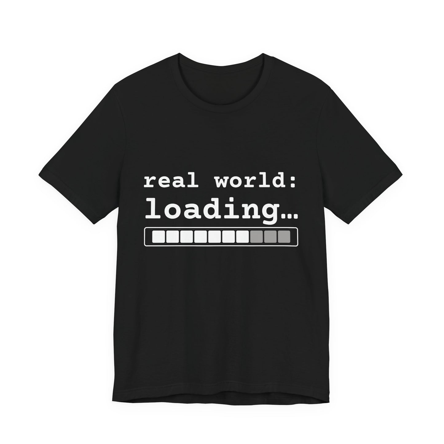 Black real world loading progress bar graphic tee flat lay — streetwear grad photoshoot style