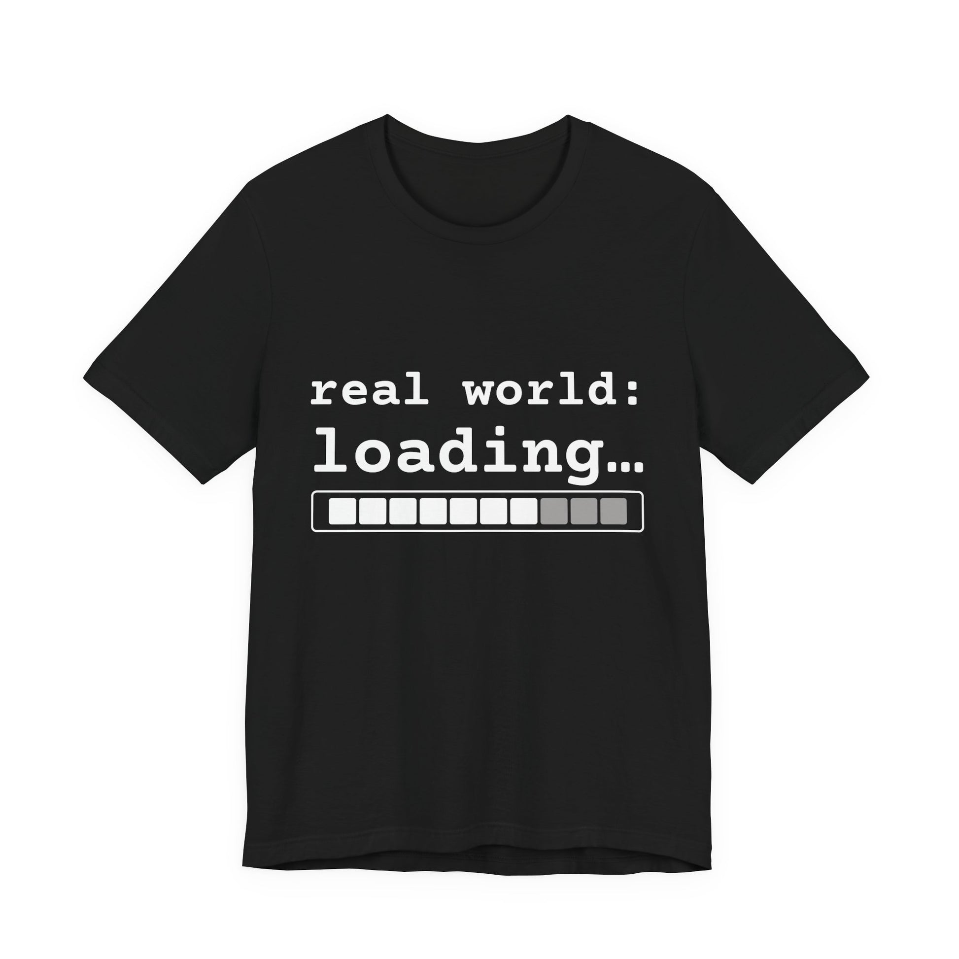 Black real world loading progress bar graphic tee flat lay — streetwear grad photoshoot style