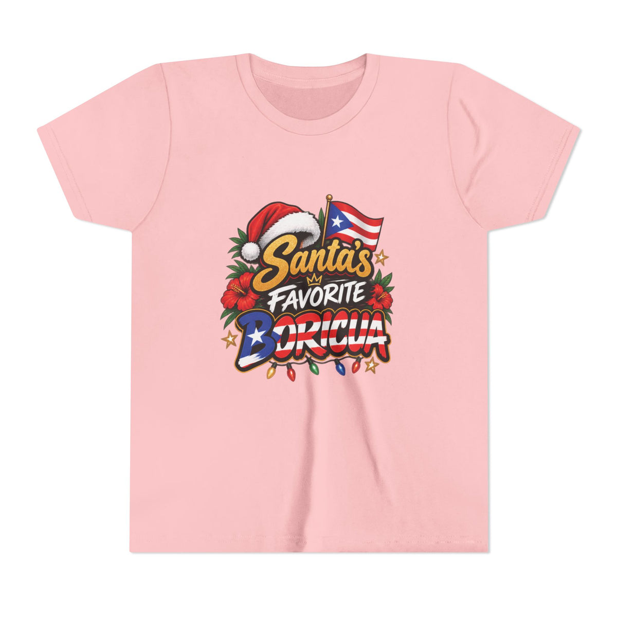 A light pink short-sleeve t-shirt with a colorful graphic on the front that reads 'Santa's Favorite Boricua decorated with a Santa hat, Christmas tree, and a Texas state flag.