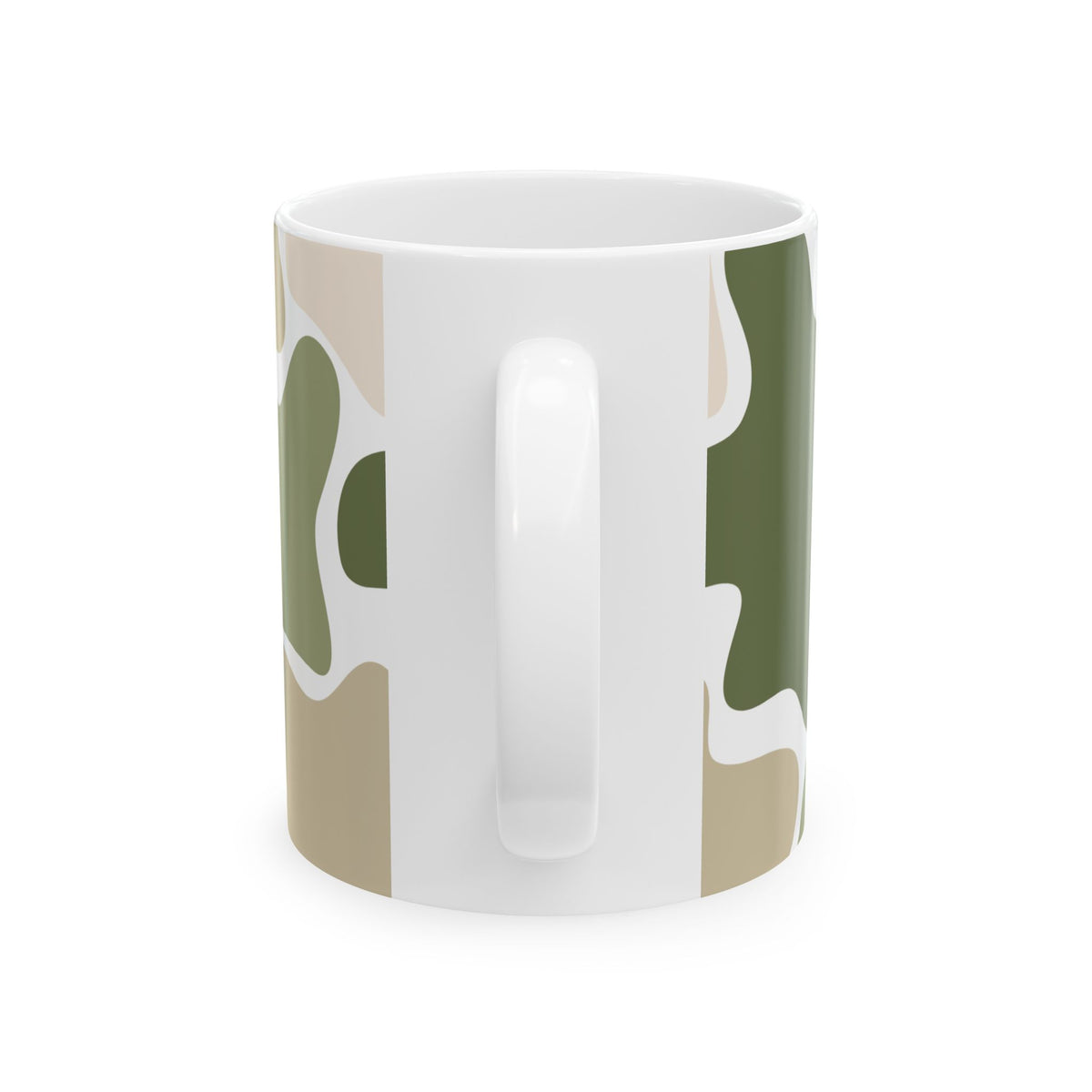 Green and beige camouflage mug viewed from the white handle side.