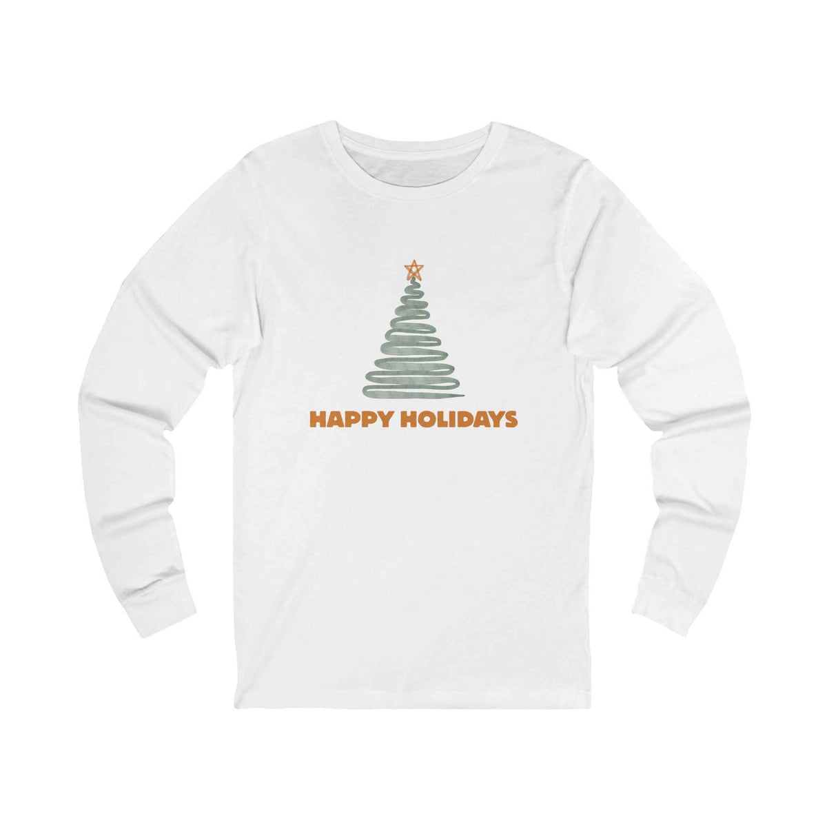 White long-sleeve shirt with a minimal Christmas tree and “Happy Holidays” design, front view.