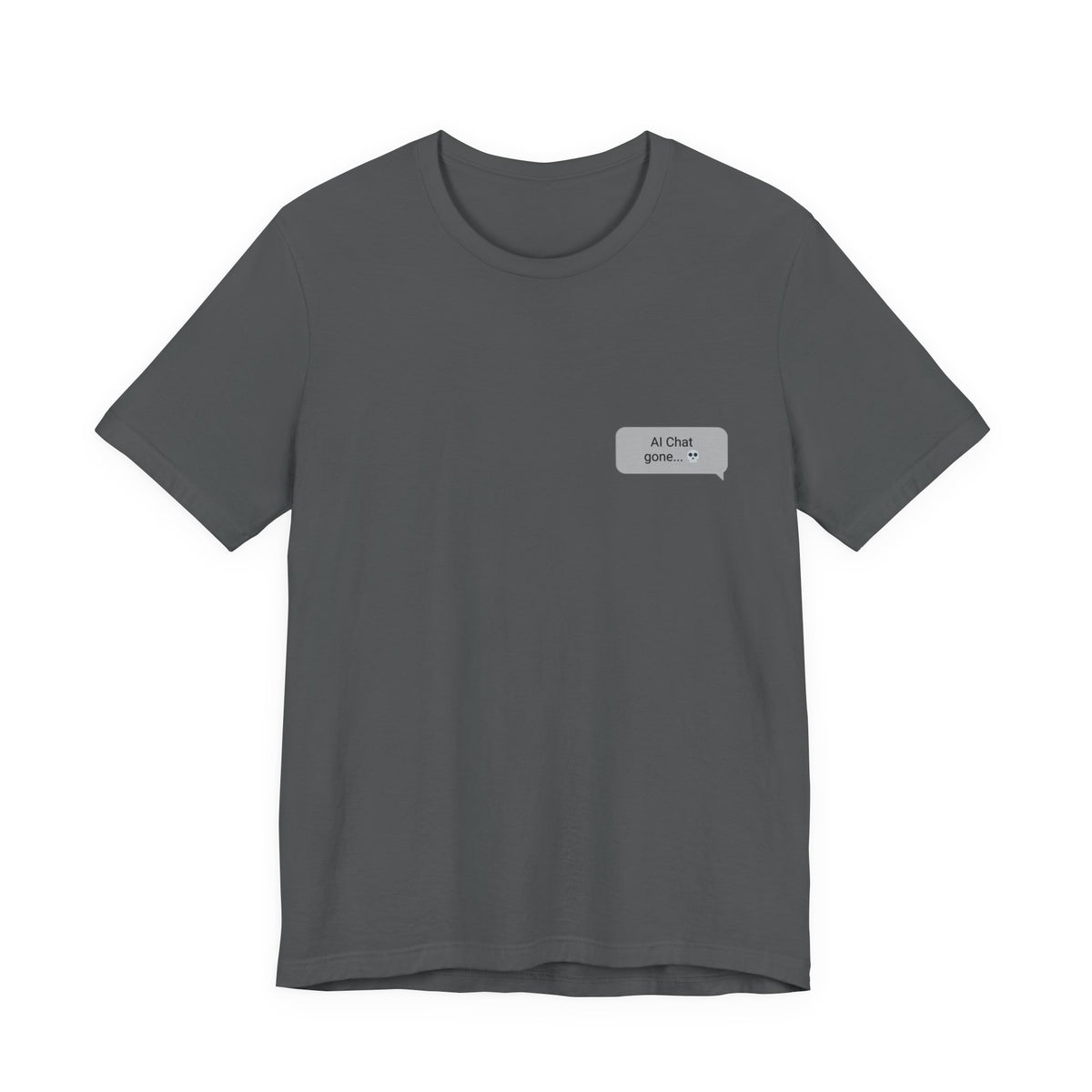 Help Me Be Normal graphic tee flat lay in asphalt gray with left chest chat bubble print
