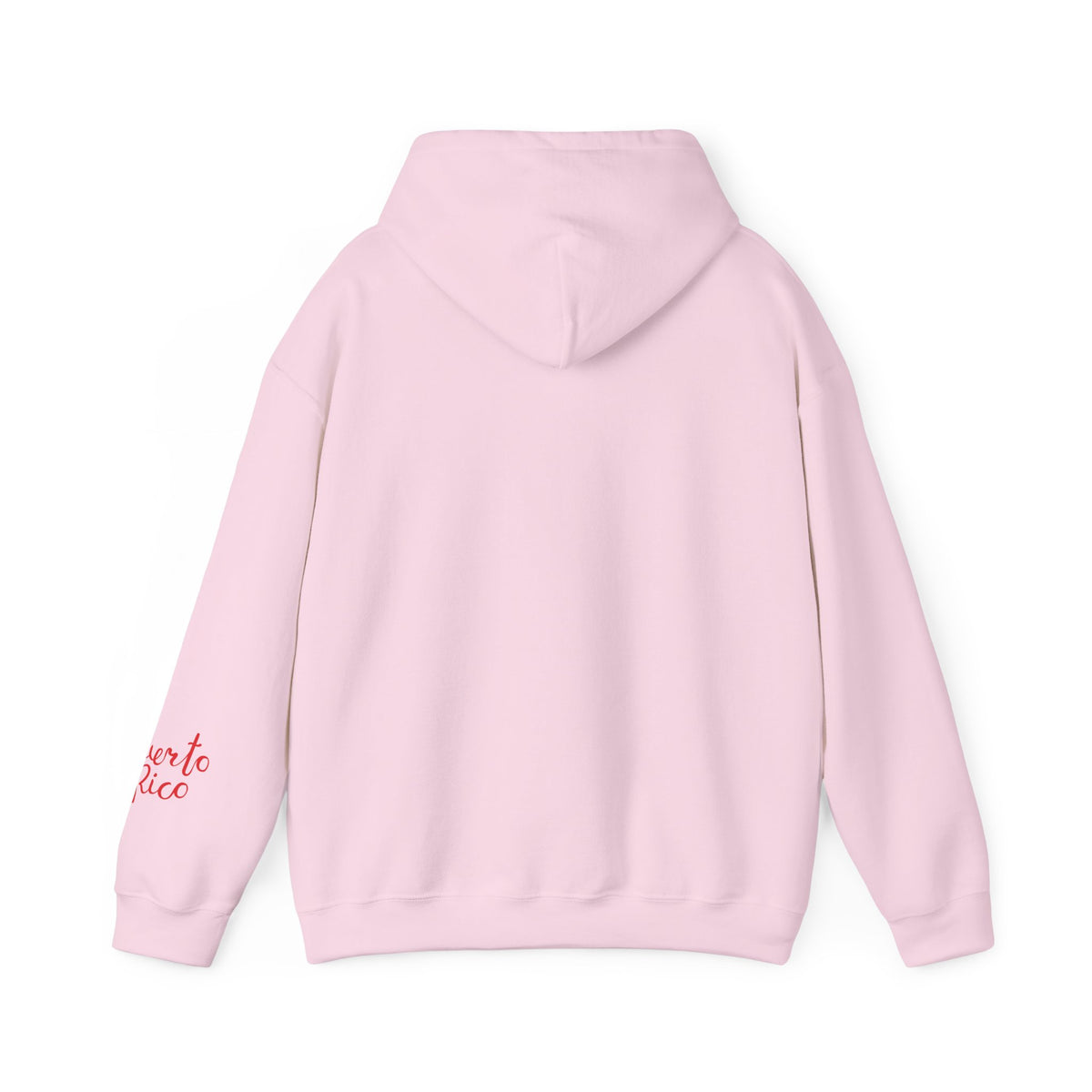 Back view of a light pink Puerto Rican coquí Santa hoodie.