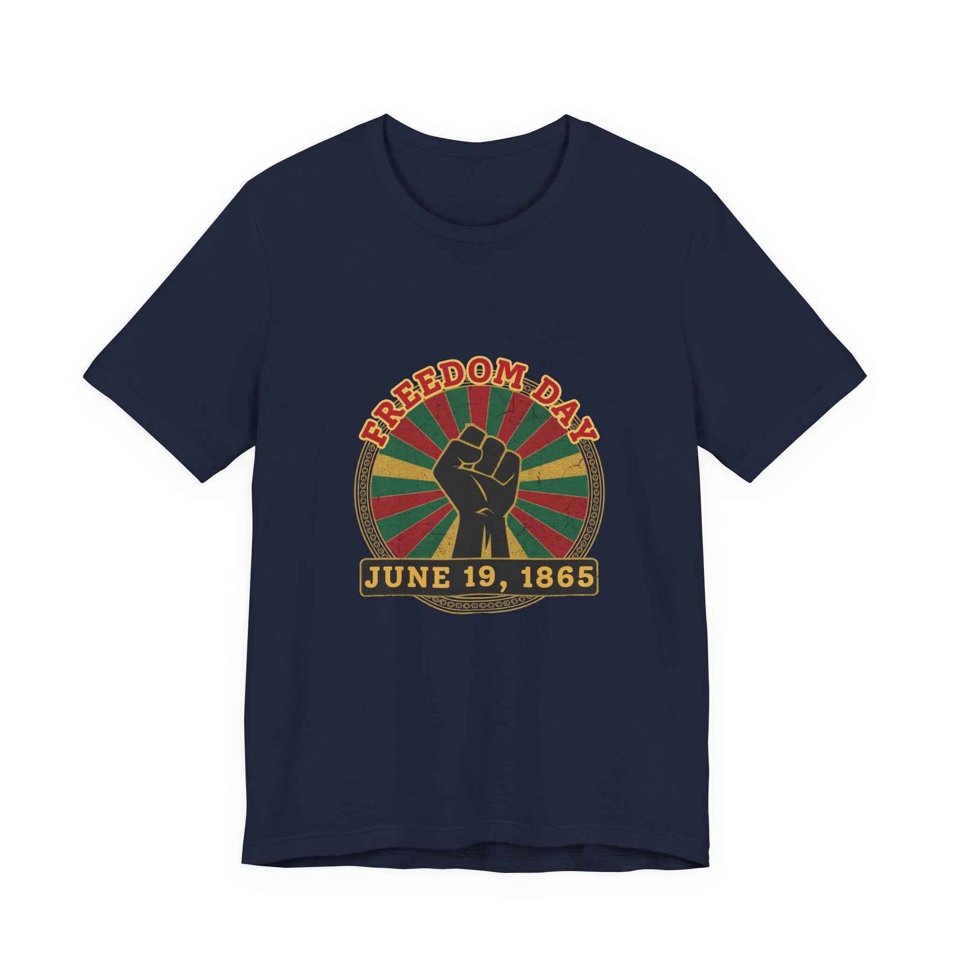 Freedom Day Juneteenth Graphic Tee in Navy – product mockup showing raised fist Pan-African sunburst design

