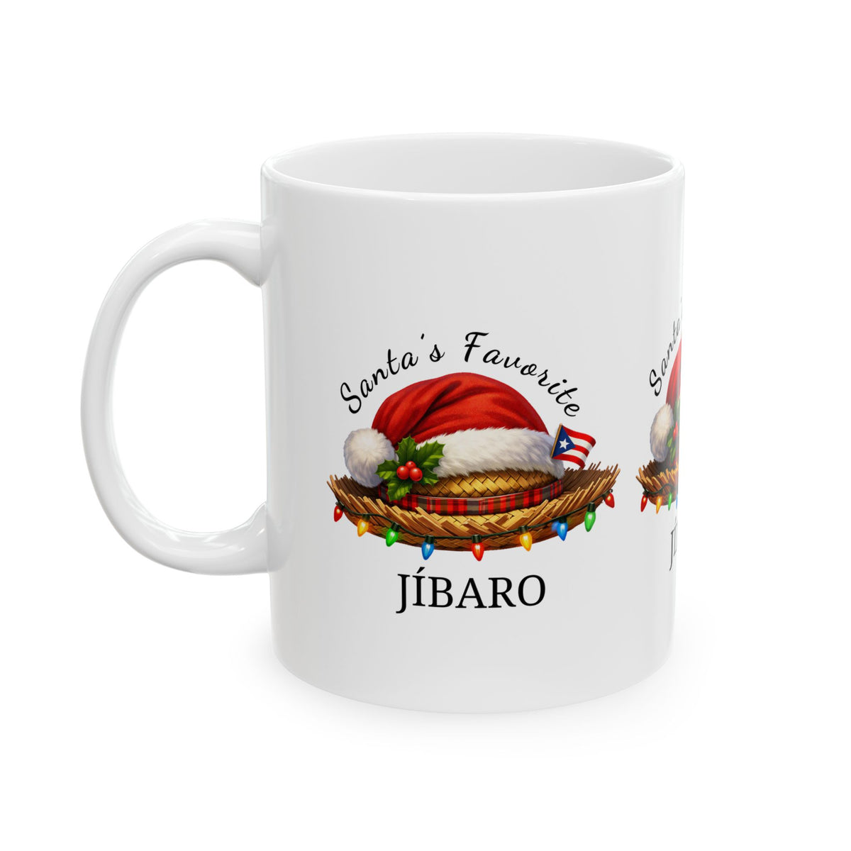 White Santa’s Favorite Jíbaro Christmas mug with a straw hat, Santa hat, Puerto Rican flag, and colorful lights, handle on the left.
