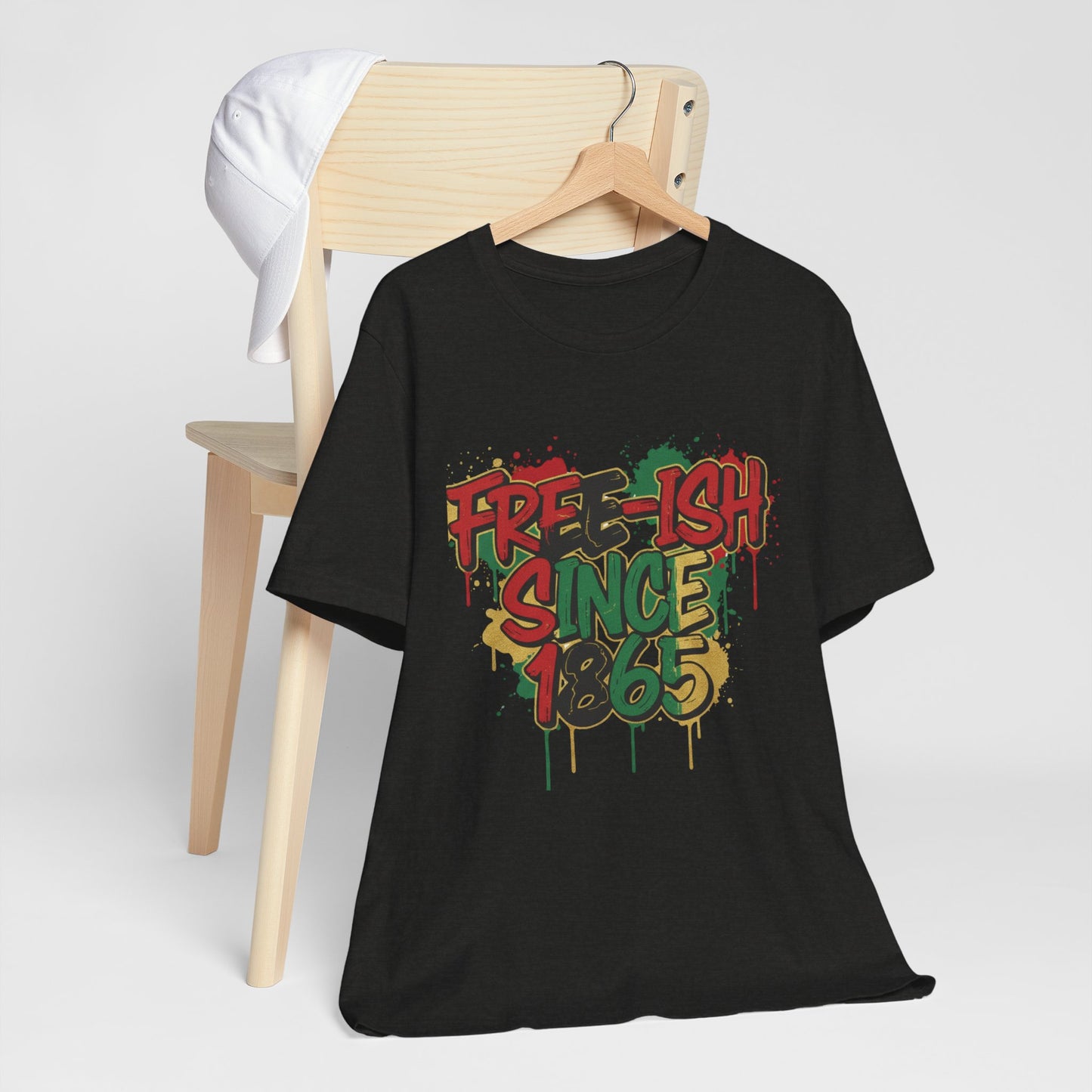 Free-ish Since 1865 Juneteenth Tee in Black – product mockup showing graffiti emancipation graphic on relaxed fit tee

