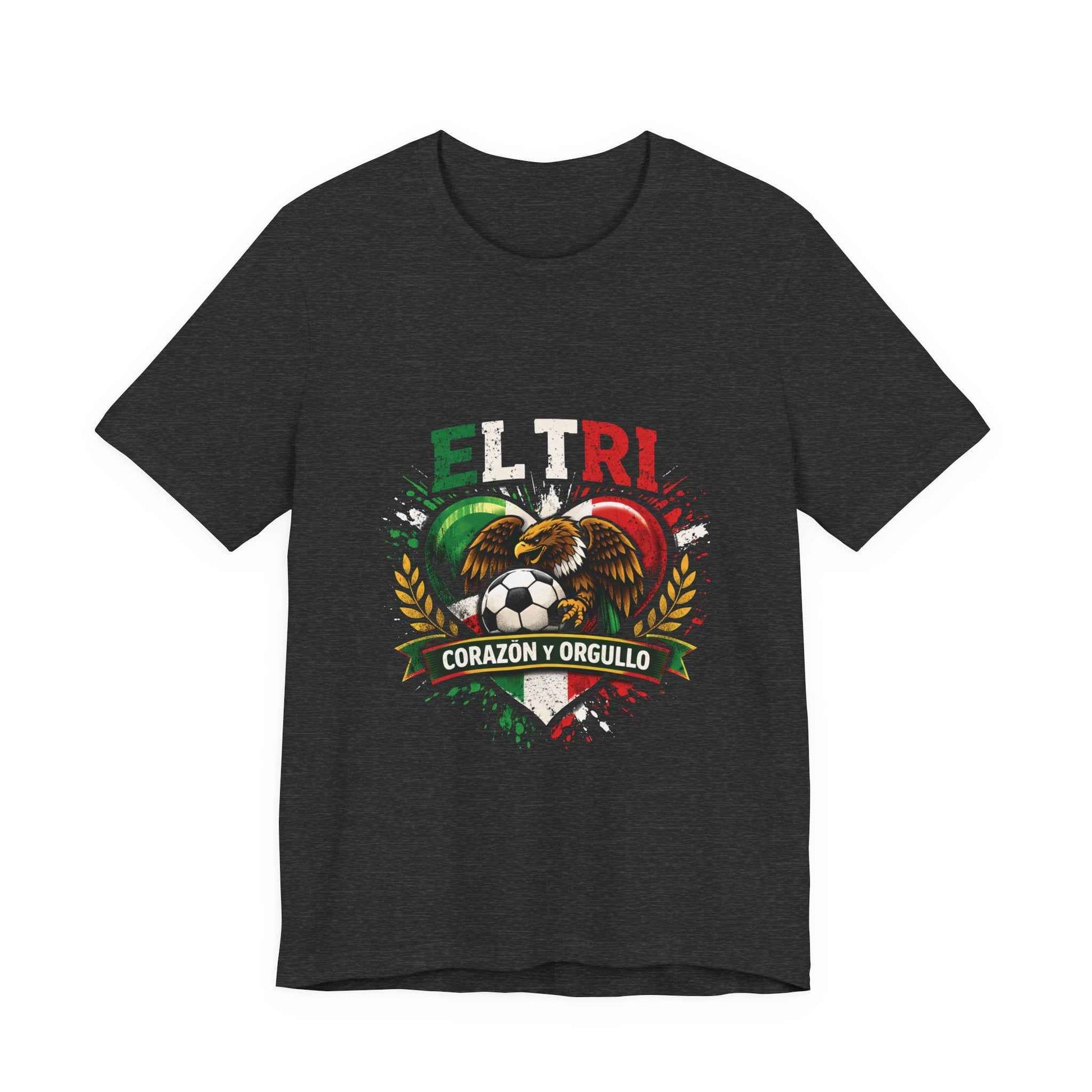 Black El Tri Corazón y Orgullo tee flat lay, front view
