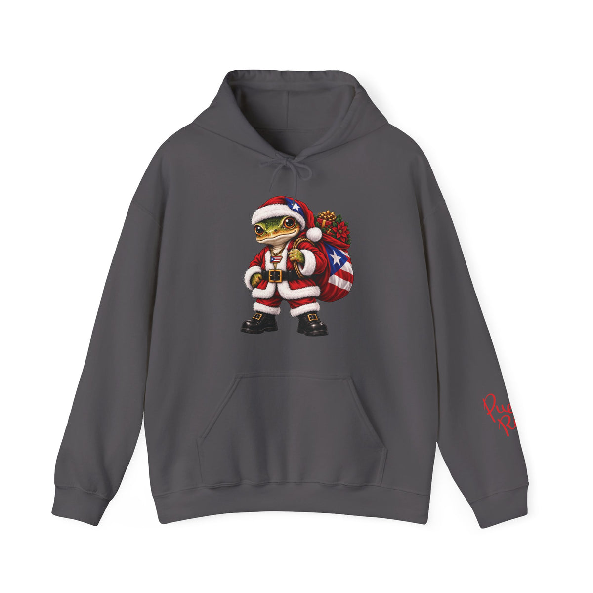 Charcoal Puerto Rican coquí Santa hoodie shown from the front.