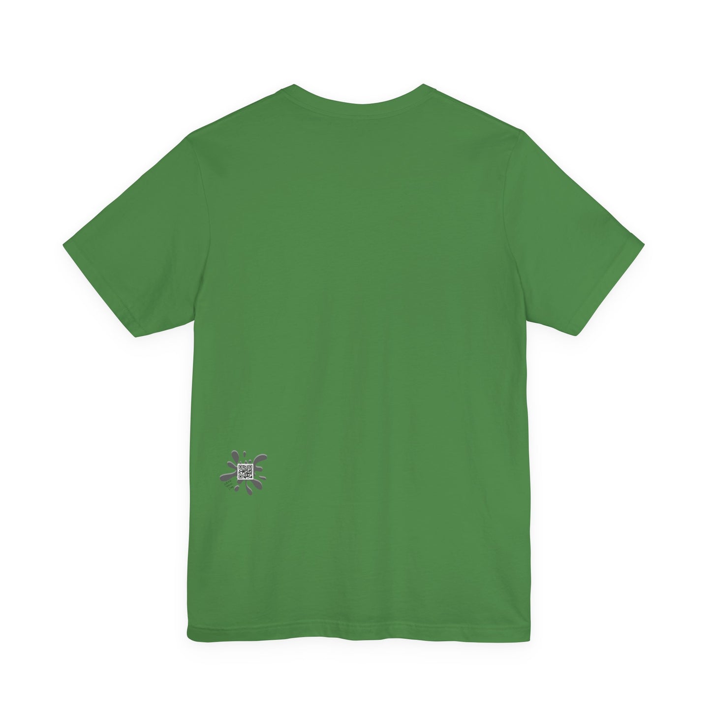 Green t-shirt with a small logo on the back against a white background