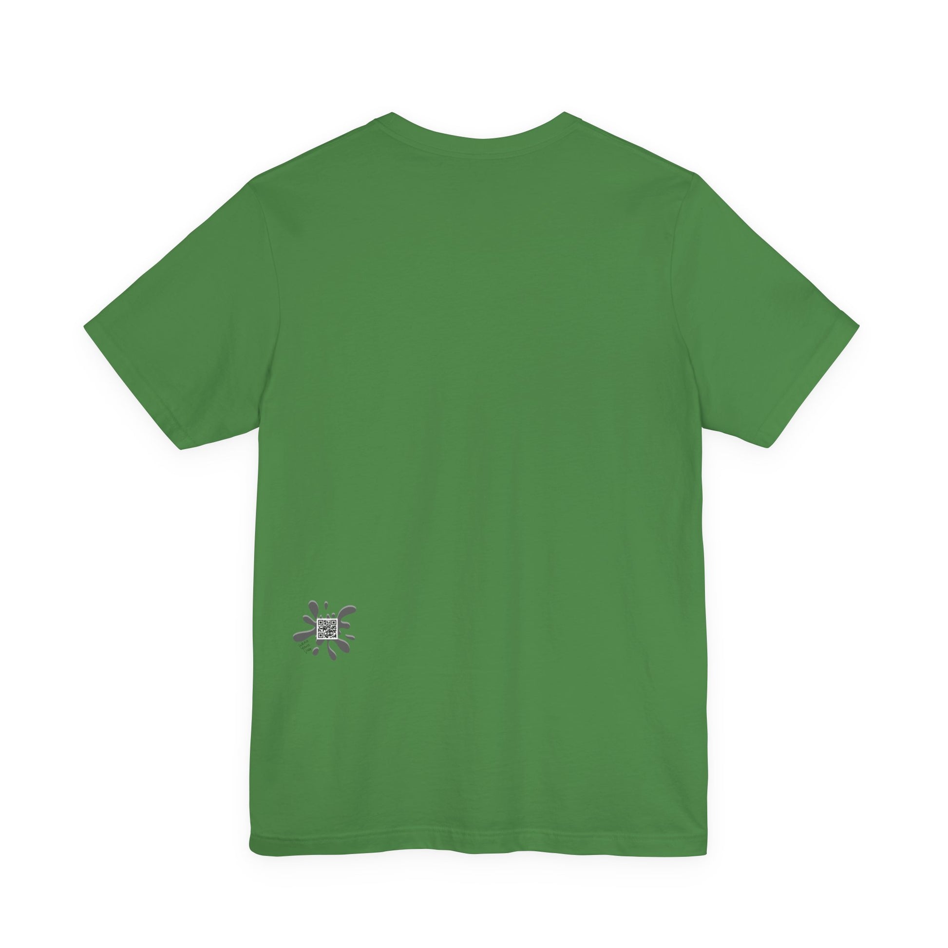 Green t-shirt with a small logo on the back against a white background
