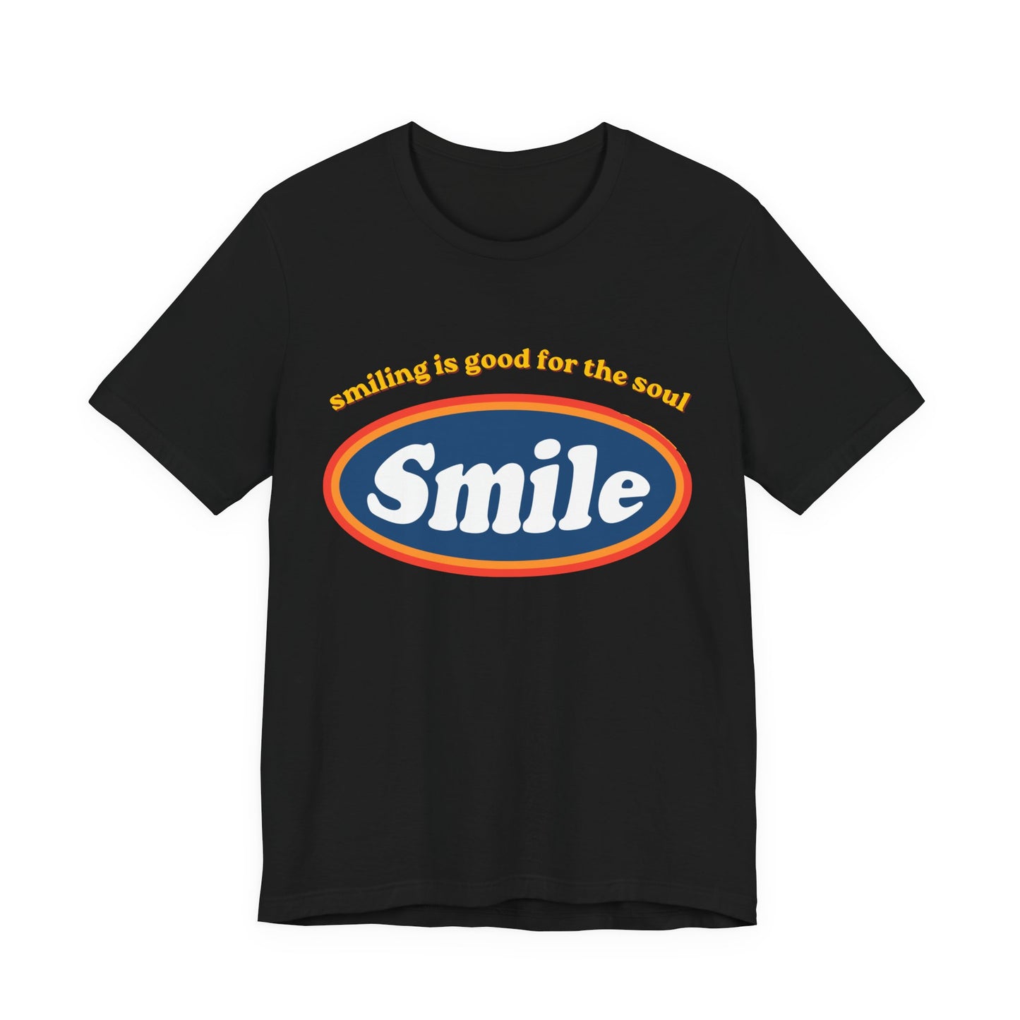 Leela's Ink Smile Retro Graphic Tee in black — flat lay showing retro 'Smiling Is Good for the Soul' oval Smile graphic on unisex crew neck tee

