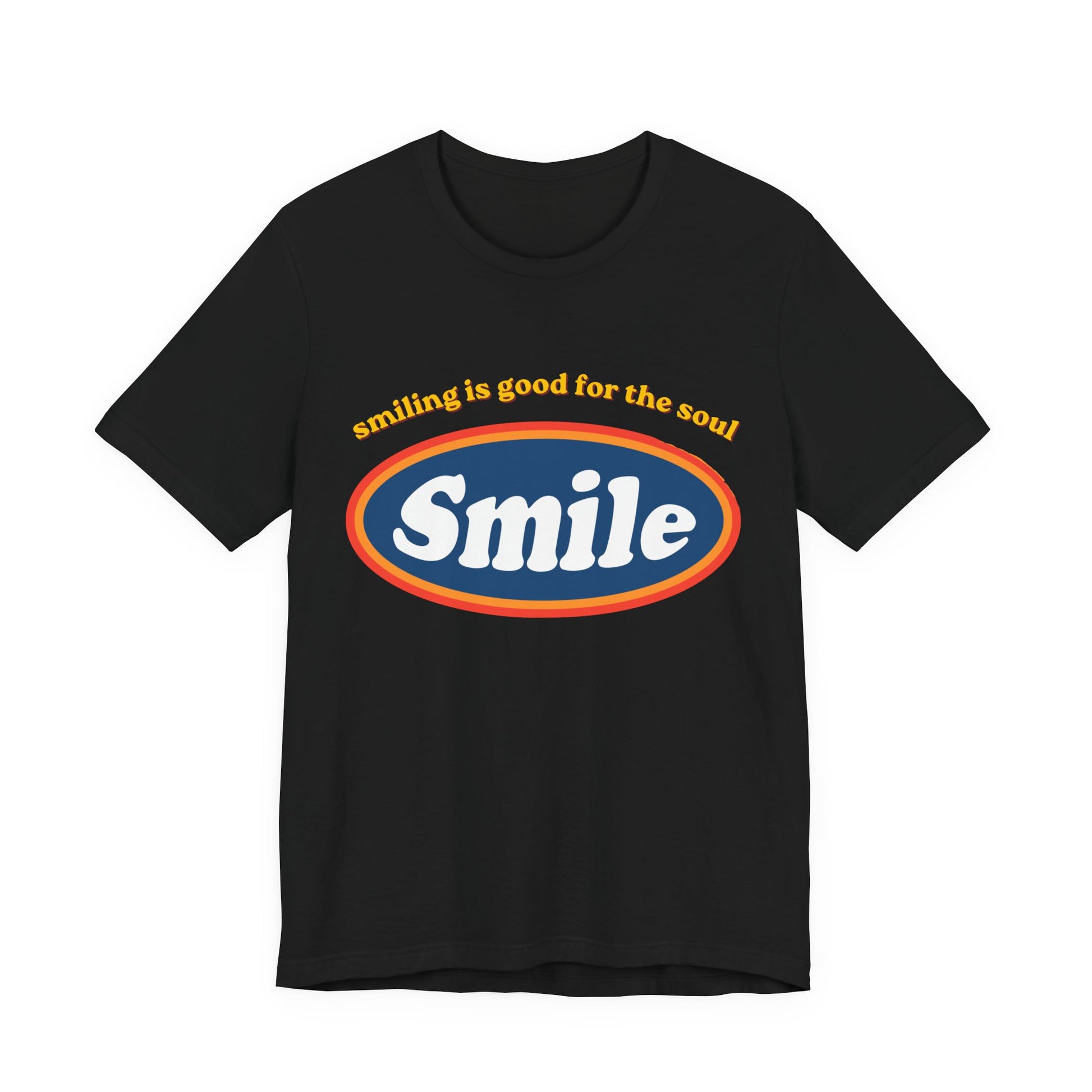 Leela's Ink Smile Retro Graphic Tee in black — flat lay showing retro 'Smiling Is Good for the Soul' oval Smile graphic on unisex crew neck tee

