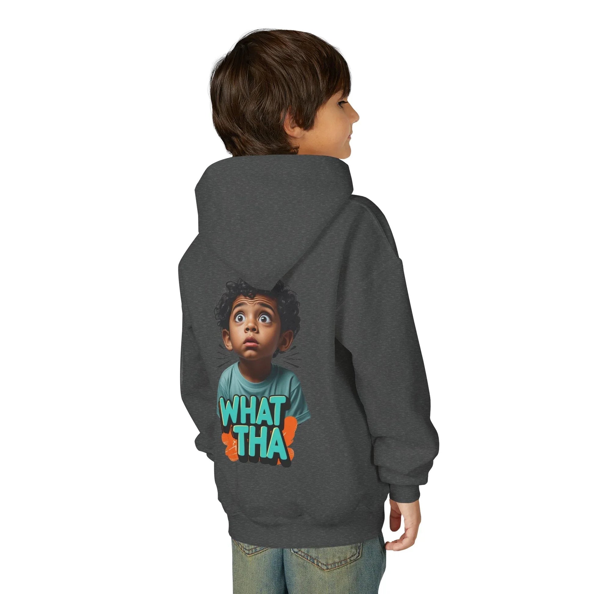 Youth Hoodie — Cute Kid Illustration "What Tha" Graphic Sweatshirt Printify