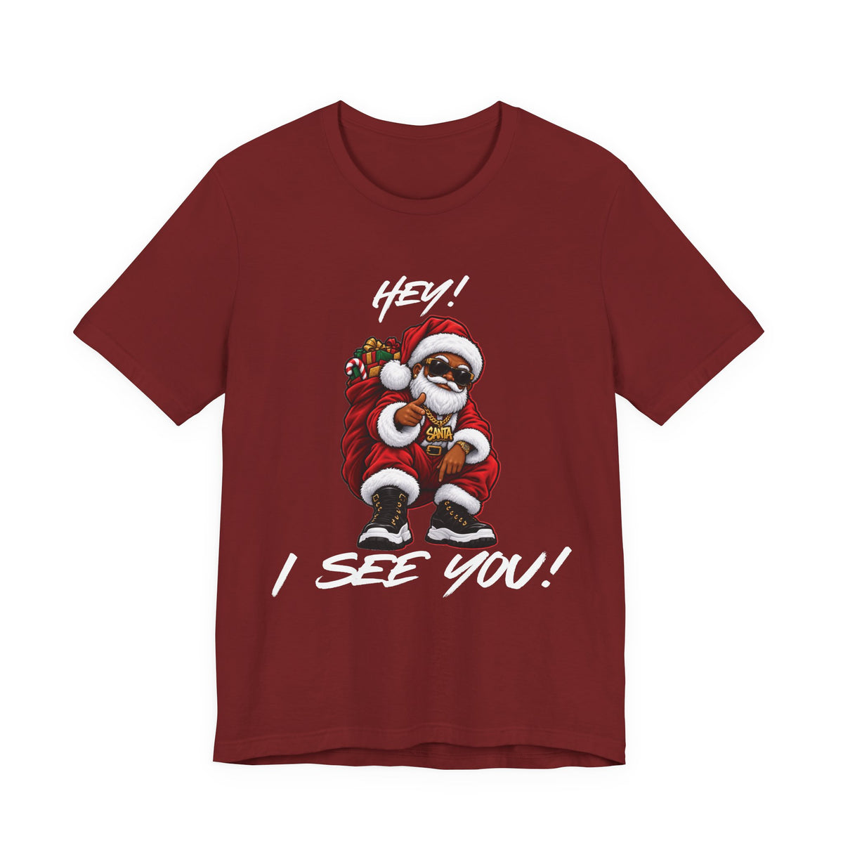 Burgundy Hey! I See You! Christmas t-shirt with a pointing Santa graphic and white lettering, shown from the front.
