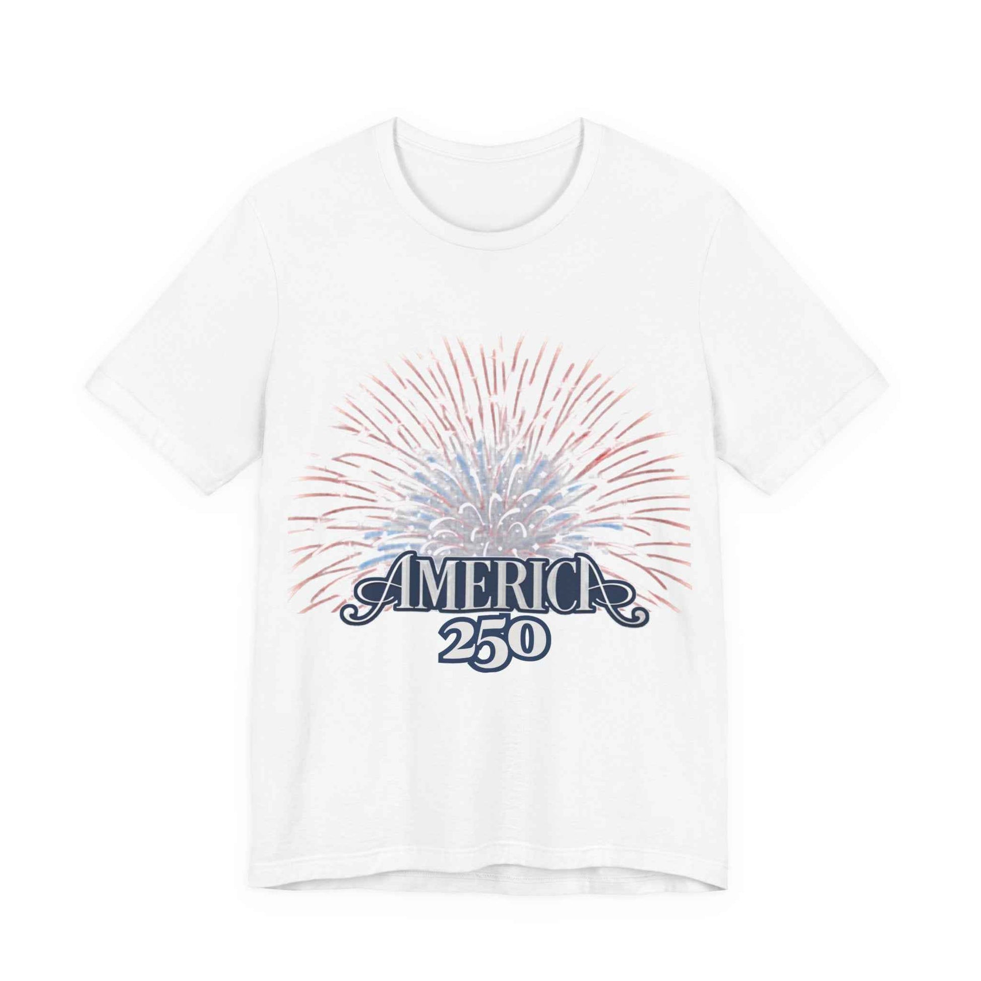 America 250 Fireworks Graphic Tee in White – flat lay product mockup of patriotic USA 250 fireworks anniversary shirt

