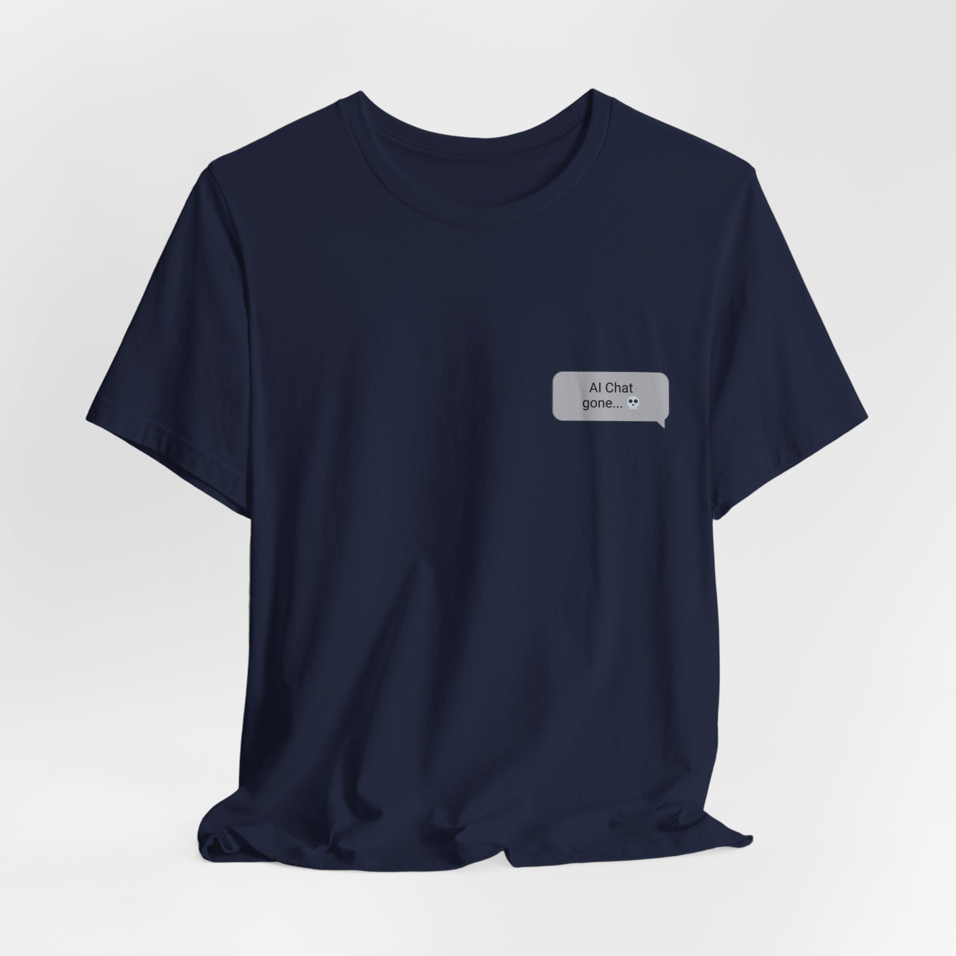 Should I Text Them Again graphic tee flat lay in navy front view with left chest chat bubble
