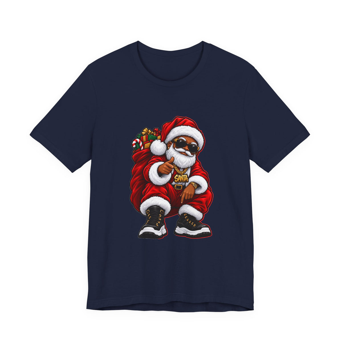 A navy blue short-sleeve crewneck t-shirt featuring a graphic print of a cartoon Santa Claus with sunglasses, a gold chain, and a sack of gifts, shown against a plain white background.