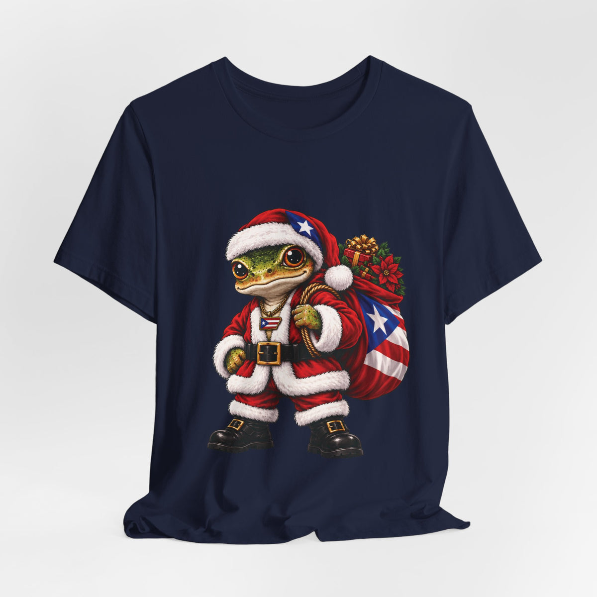 Navy Puerto Rican coquí Santa Christmas t-shirt laid flat, showing the front design and how the fabric drapes.