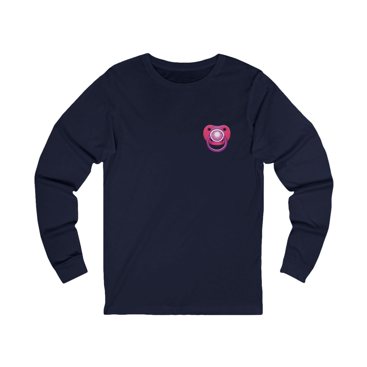Front view of a navy Uzi Baby long-sleeve t-shirt with a pink pacifier chest graphic