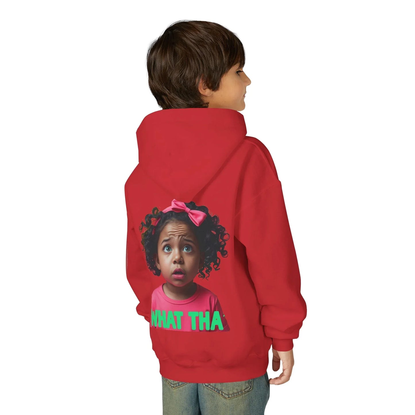 Youth Hoodie — "What Tha" Funny Kid Expression Graphic Pullover Printify
